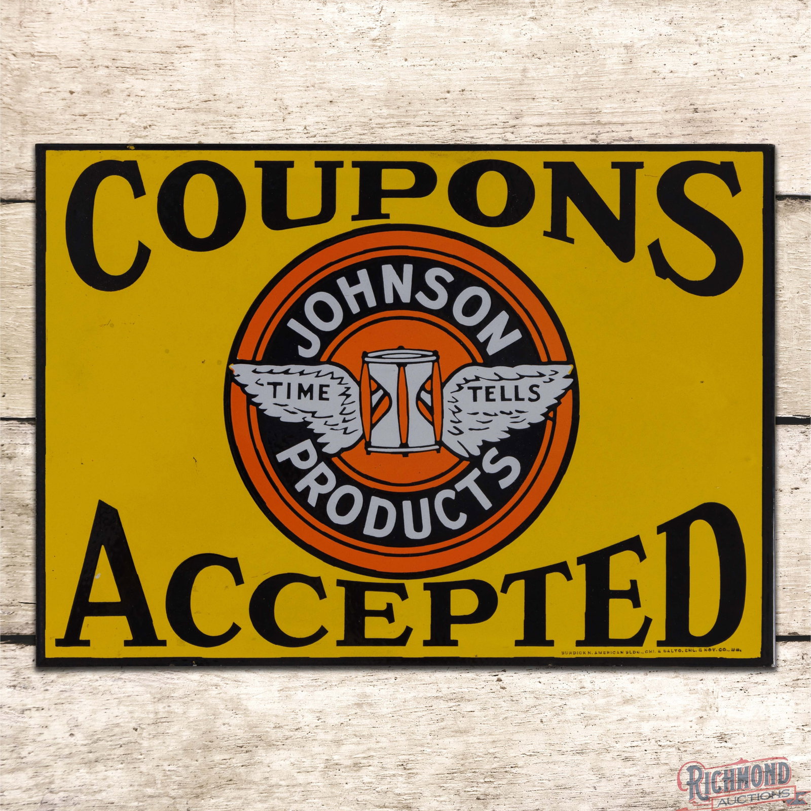 Rare NOS Johnson Products Coupons Accepted DSP Flange Sign w/ Logo: Exceptional NOS DSP flange has day one color and gloss. The sign features heavy shelving with the iconic Johnson "Time Tells" logo in the center field on each side. Both sides are incredibly clean wit