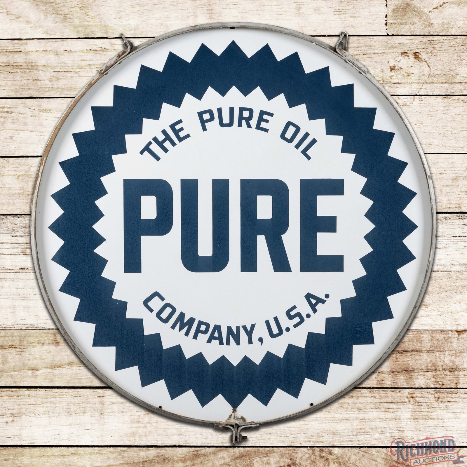 The Pure Oil Company Gasoline 42" DSP Sign w/ Ring: DSP sign with the original metal ring has very good color and gloss. The display has a clean field with a chip on the lower edge at 6 o'clock. The reverse has small chips with light wear and a larger 