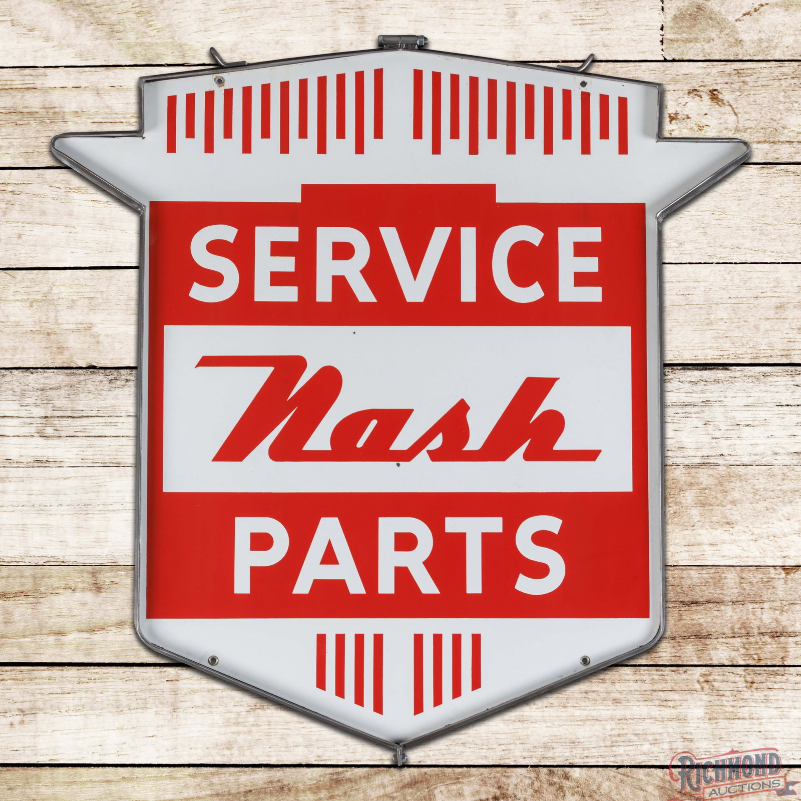 Nash Service Parts 46" Die Cut DSP Sign w/ Ring: DSP die cut sign with a new metal ring has excellent color and gloss. Side #1 is exceptionally clean with a tiny flea bite in the field. The reverse is in a similar condition with two tiny chips in th
