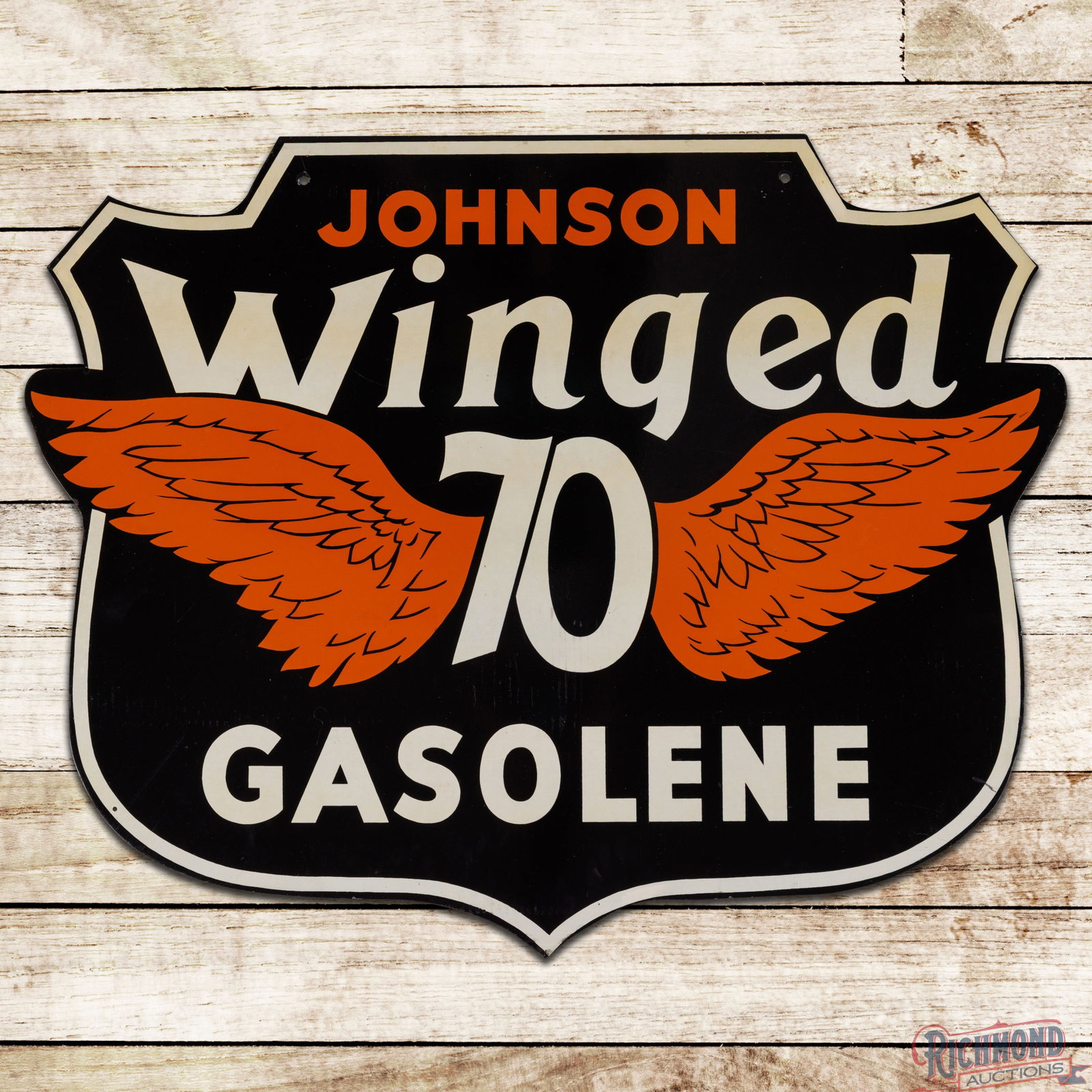 Scarce Johnson Winged 70 Gasolene 48" Die Cut DST Sign: DST die cut sign has excellent color and shine. This is a scarce Johnson sign with this being the nicest example of the very few known examples. Side #1 has light surface wear, paper marks, faint toni