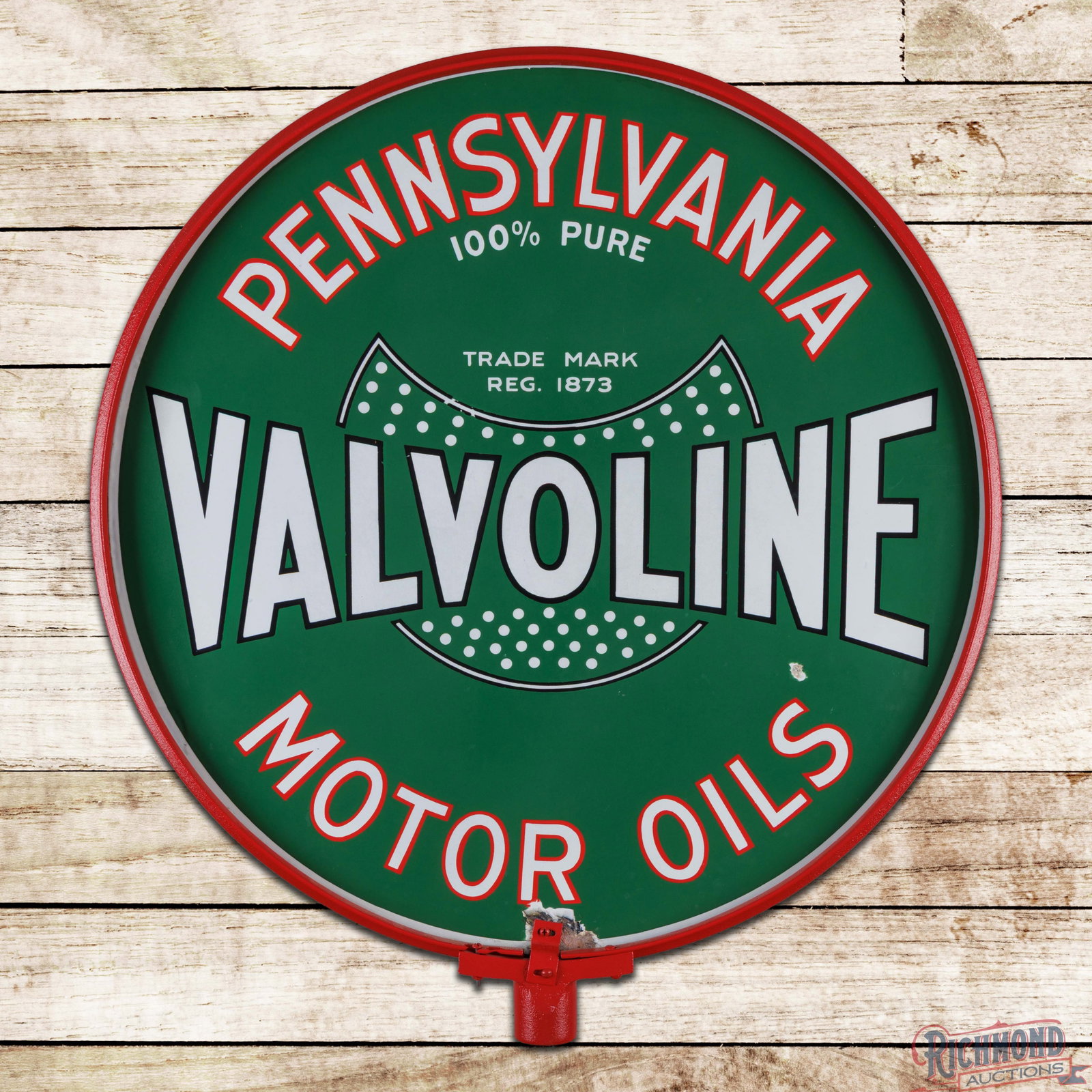 Valvoline 100% Pure Pennsylvania Motor Oils 30" DSP Sign w/ Ring: DSP sign has excellent color and gloss. The display has a chip in the right field and a chip at the lower 6 o'clock edge. The reverse is in a similar condition with a larger chip below the "L" in Valv
