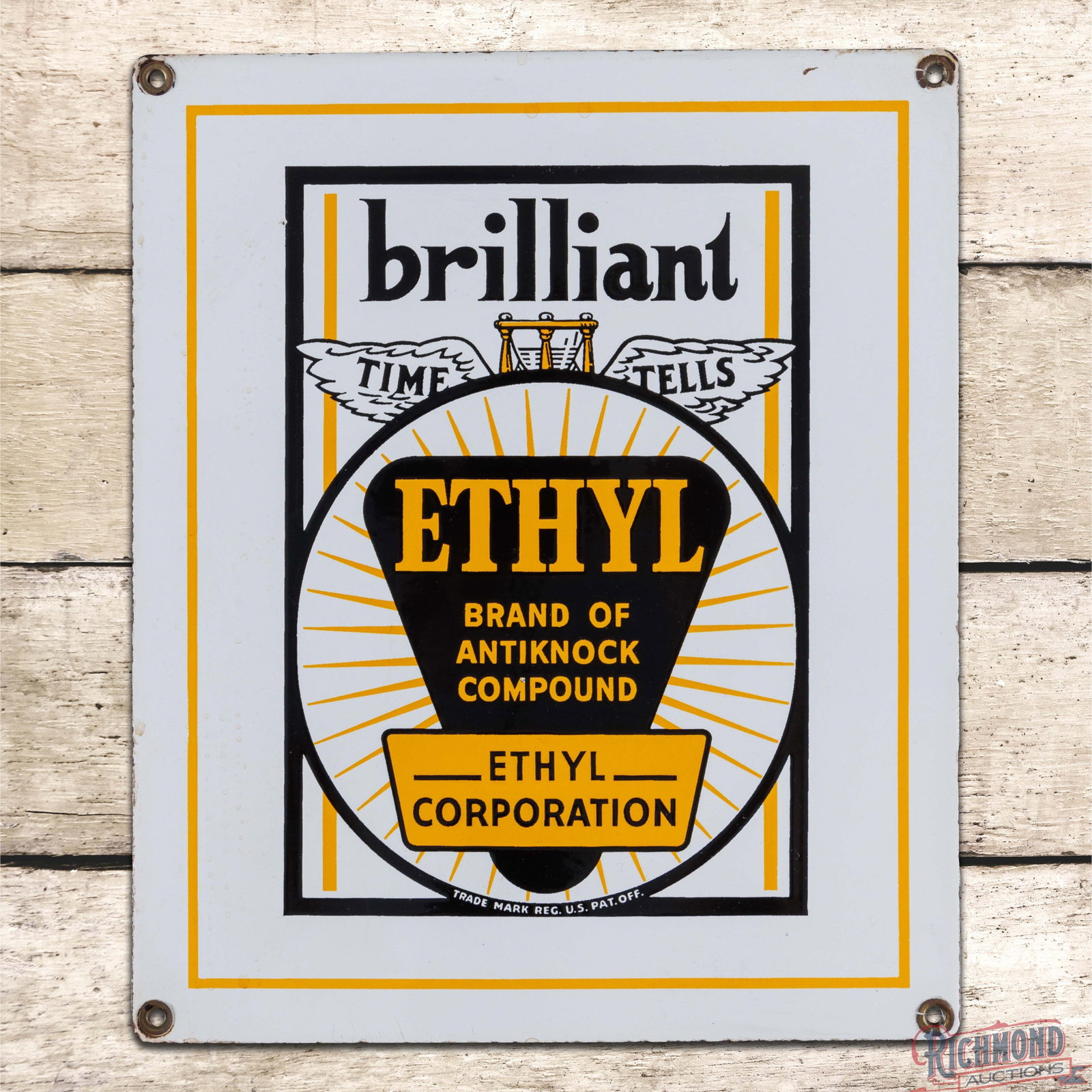 Scarce Johnson Brilliant Ethyl Gasoline SSP Pump Plate Sign w/ Logo: SSP pump plate has outstanding color and gloss. The sign features heavy shelving with fantastic graphics. The fields are clean with a tiny factory flea bite on the edge of the black border in the uppe
