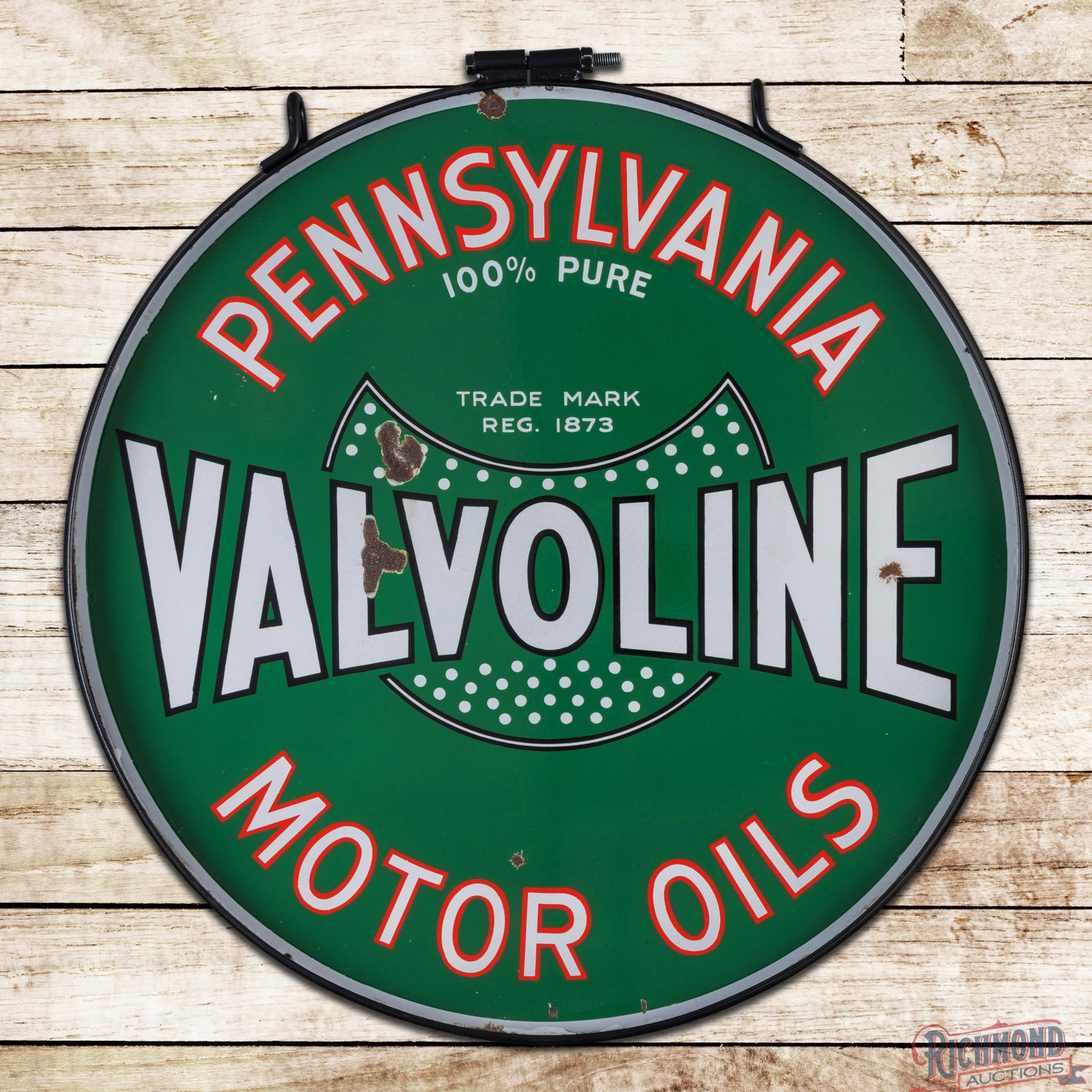 Valvoline 100% Pure Pennsylvania Motor Oils 30" DSP Sign w/ Ring: DSP sign mounted in a new metal ring has excellent color and gloss. Side #1 has chips in the "Valvoline" lettering with a small chip in the lower field. The perimeter has a small non-factory hole at 1