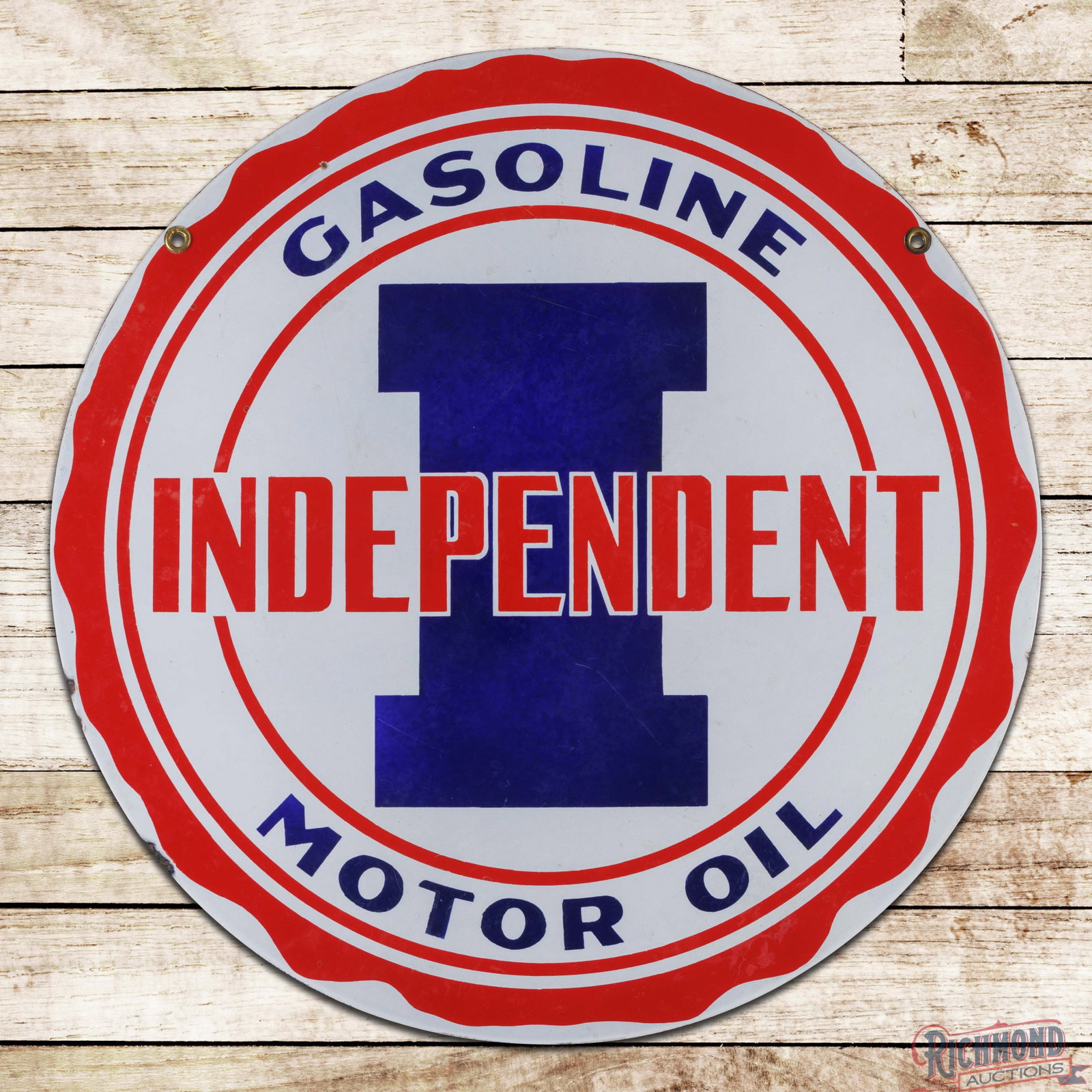 Independent Gasoline Motor Oil 30" DSP Sign: DSP sign has very good color and gloss. The display has a tiny factory blemish in the lower left field with areas of cloudiness and minor discoloration. The perimeter has small chips along the outer e