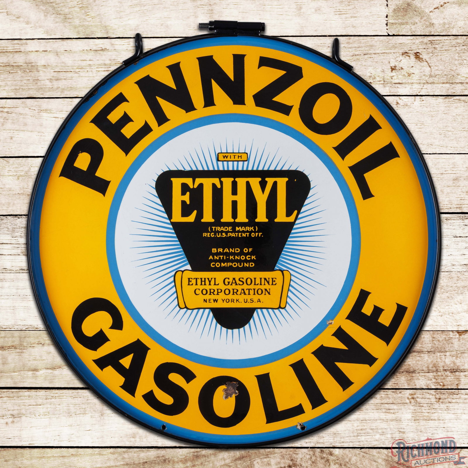 Pennzoil Ethyl Gasoline 30" DSP Sign w/ Blue Burst Logo & Ring (1 of 3)