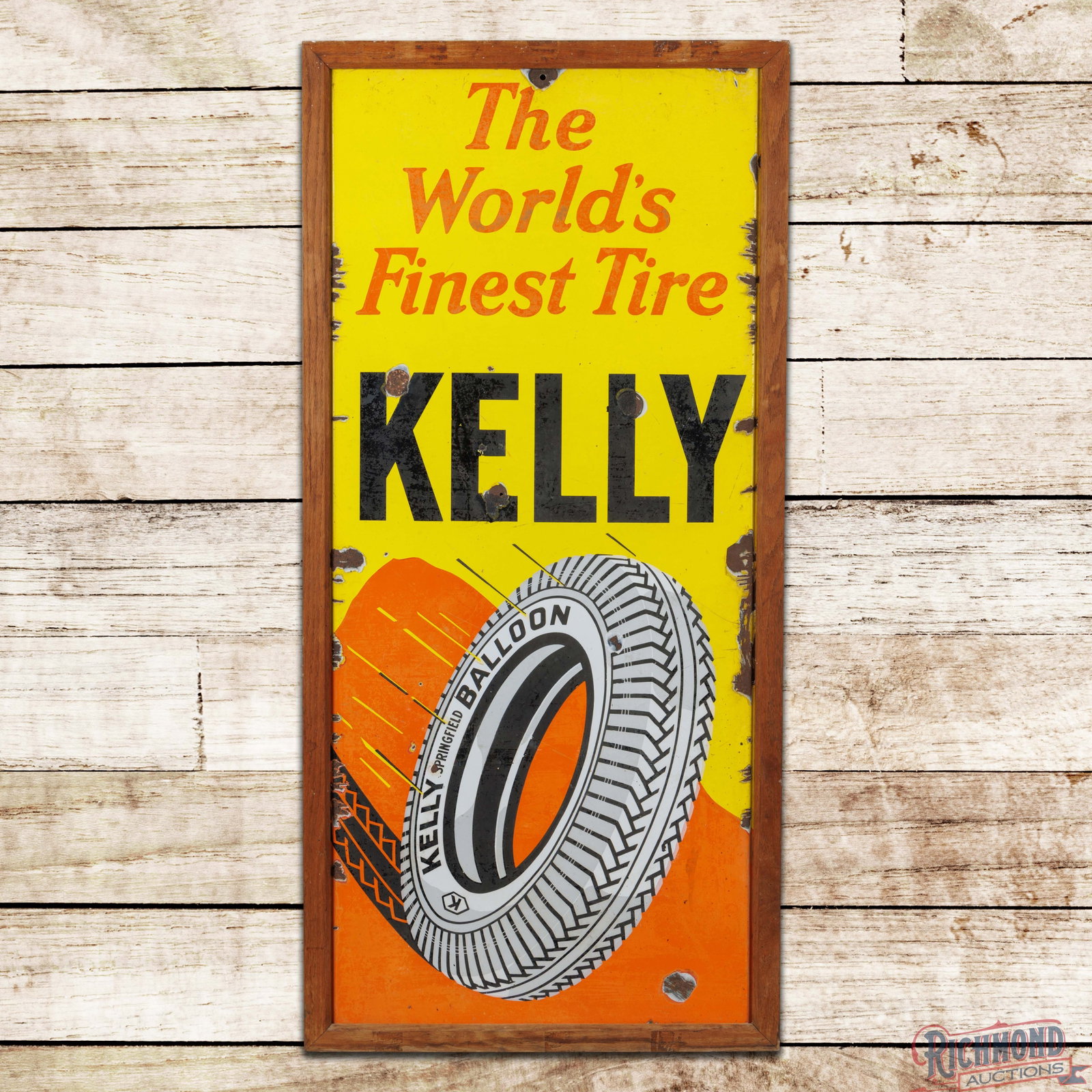 Rare Kelly Springfield The World's Finest Tire 5' SSP Highway Lighthouse Sign w/ Balloon Tire: SSP sign with an added wooden frame has good color and moderate gloss. The display has a small non-factory hole in the "E" of Kelly with chips, surface wear and cloudiness. The perimeter has larger ch