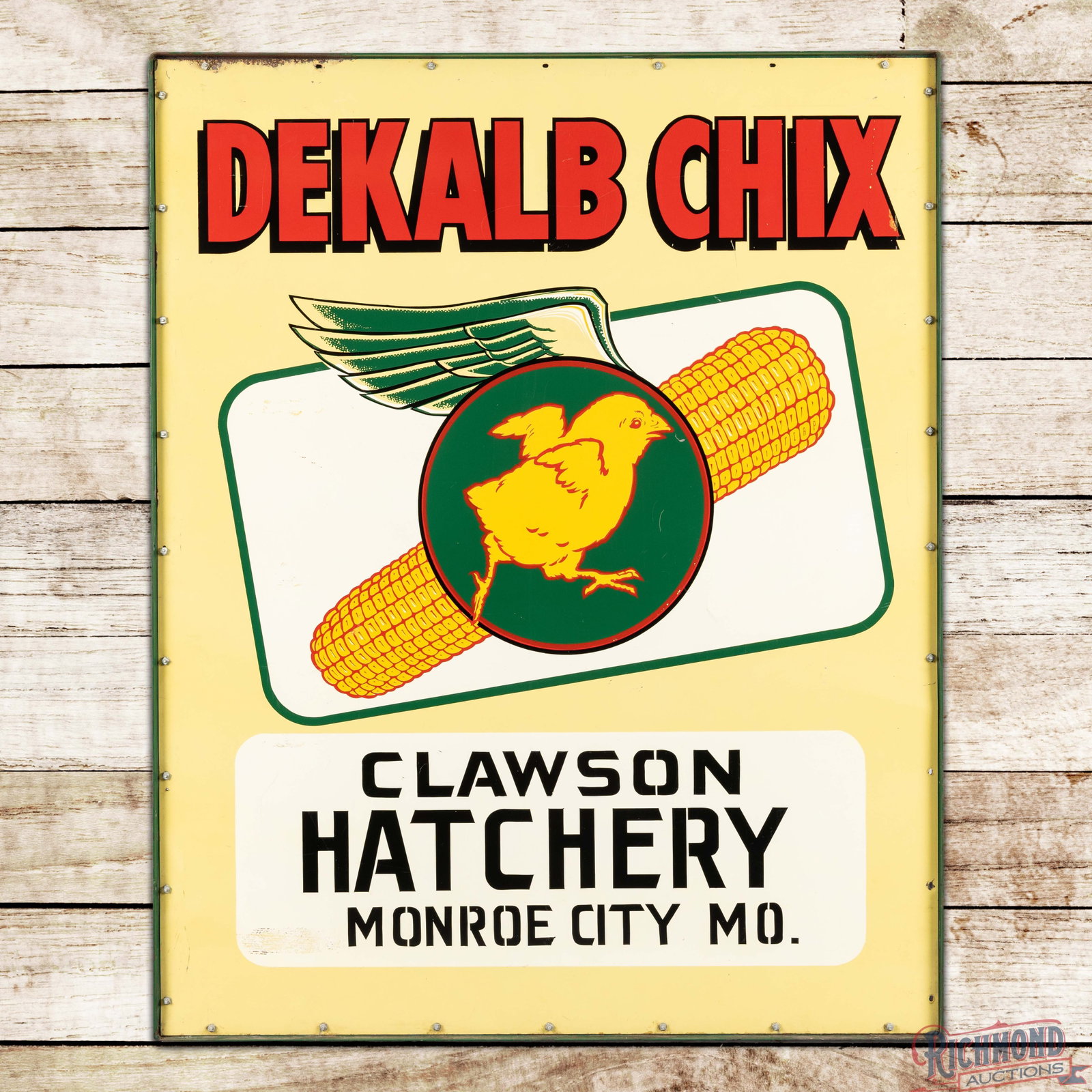 Dekalb Chix Clawson Hatchery Monroe City Missouri 5' DST Sign: DST sign with the factory metal frame has excellent color and shine. Side #1 has light wear in the fields with faint bends in the outer fields. The perimeter has oxidation with paint loss on the upper
