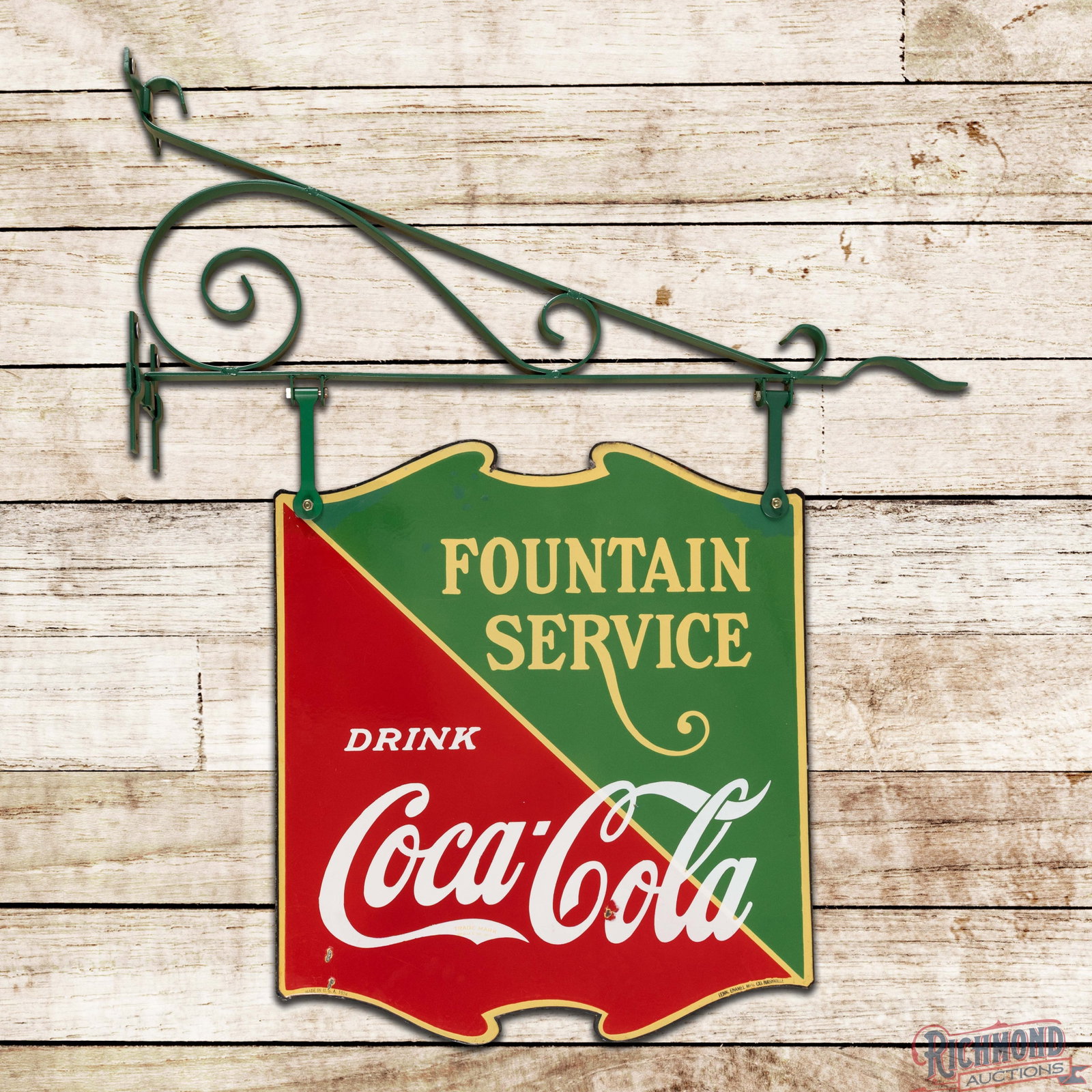 1934 Drink Coca Cola Fountain Service DSP Sign w/ Bracket: DSP die cut sign with a new metal hanging bracket has excellent color and gloss. The display has light surface wear with a chip in the "L" in the lower right field. The perimeter has additional chips 