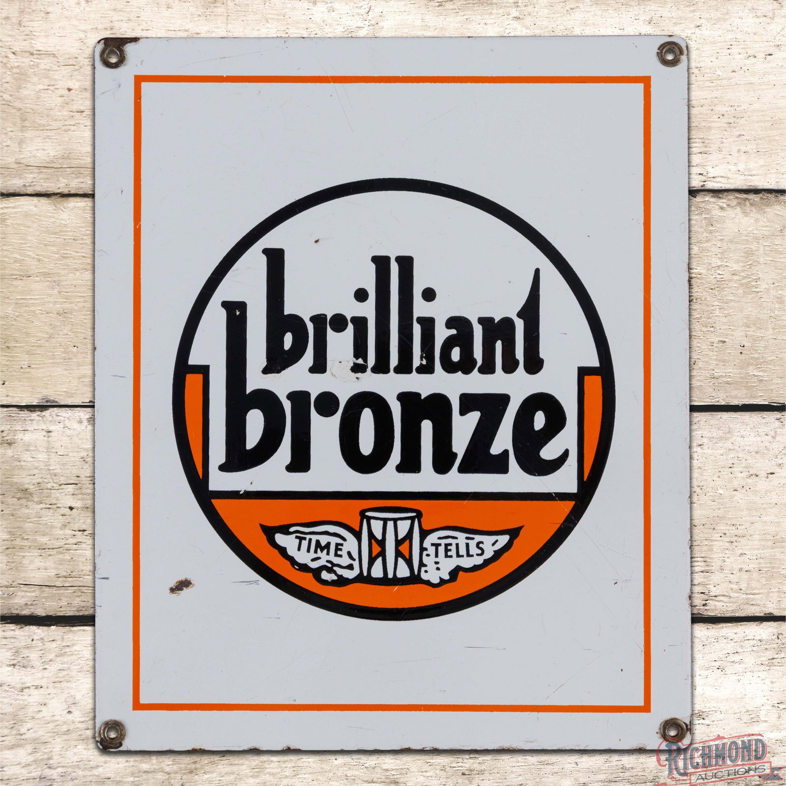 Scarce Johnson Brilliant Bronze Gasoline SSP Pump Plate Sign w/ Time Tells Logo: SSP pump plate has excellent color and gloss. The sign features classic orange, black and white Johnson colors with Time Tells logo in the center field. The display has fine scratches with color match