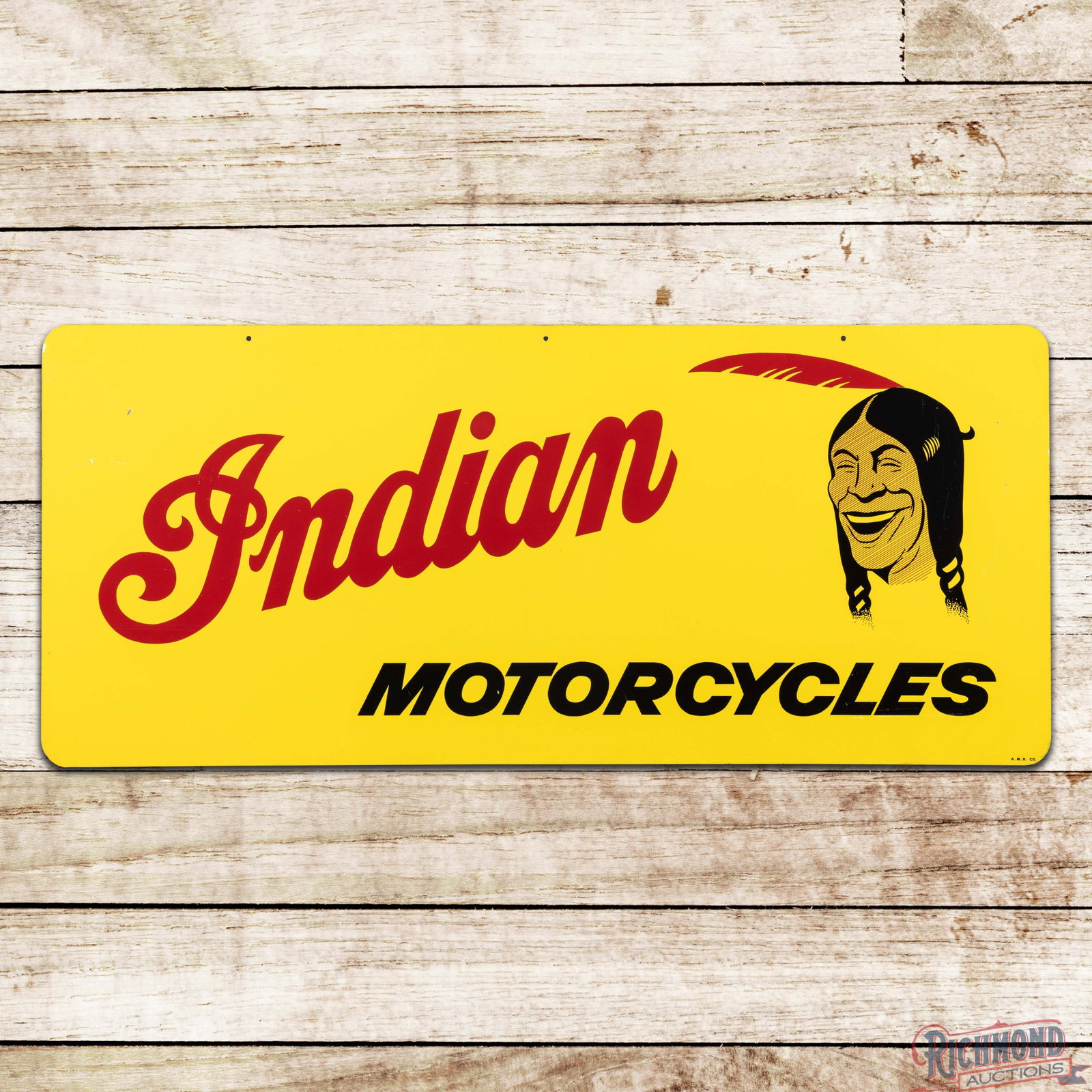 Scarce Indian Motorcycles DST Sign w/ Laughing Indian: Amazing DST sign has outstanding color and shine. The display is very clean overall showing minor surface imperfections with small paint chips and scuffs in the outer fields. The perimeter has light w