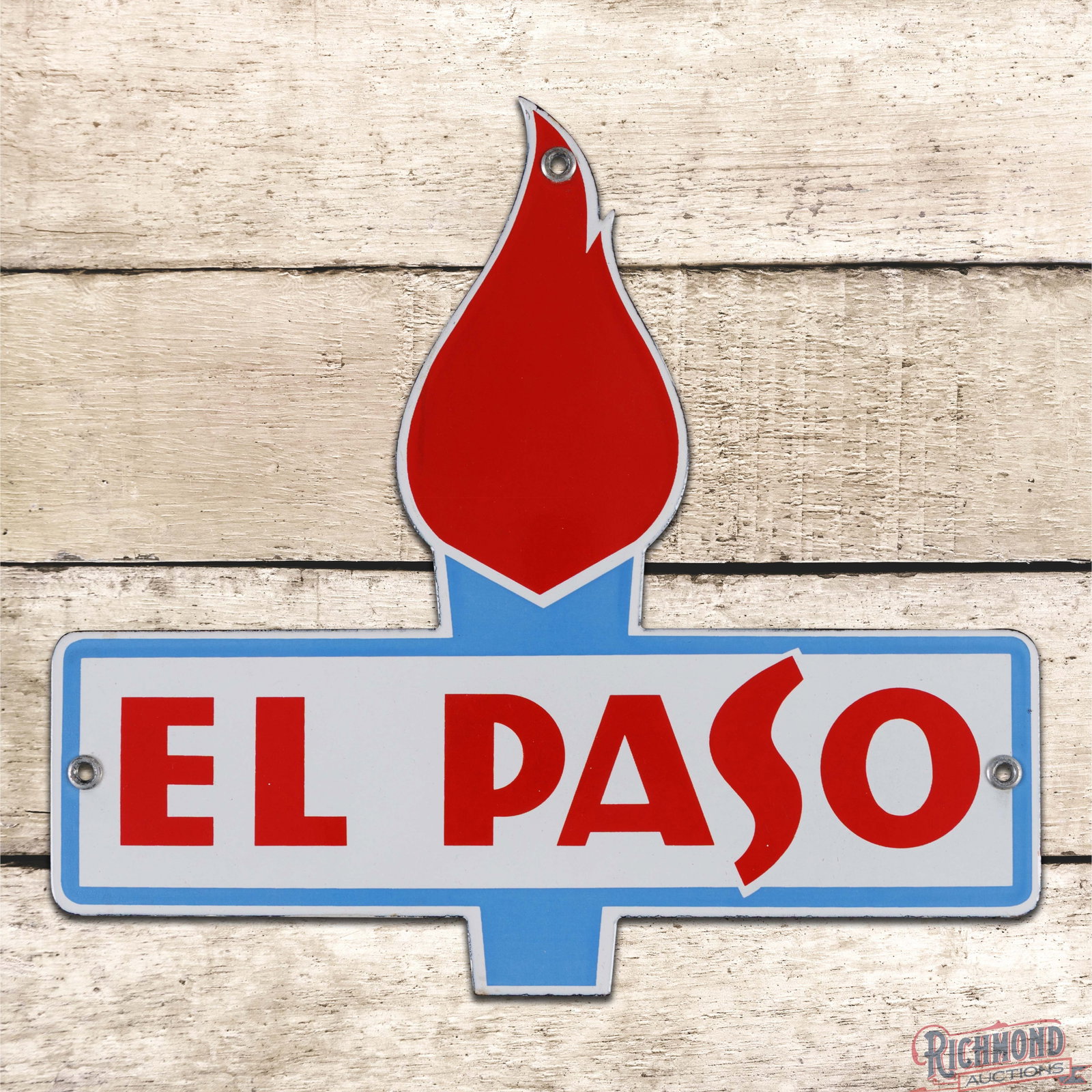 Amazing El Paso Gasoline Die Cut SSP Pump Plate Sign: SSP die cut pump sign has day one color and gloss. The field and perimeter are exceptionally clean with minor surface imperfections. Both factory grommets are present. All in all a superb example. 10.