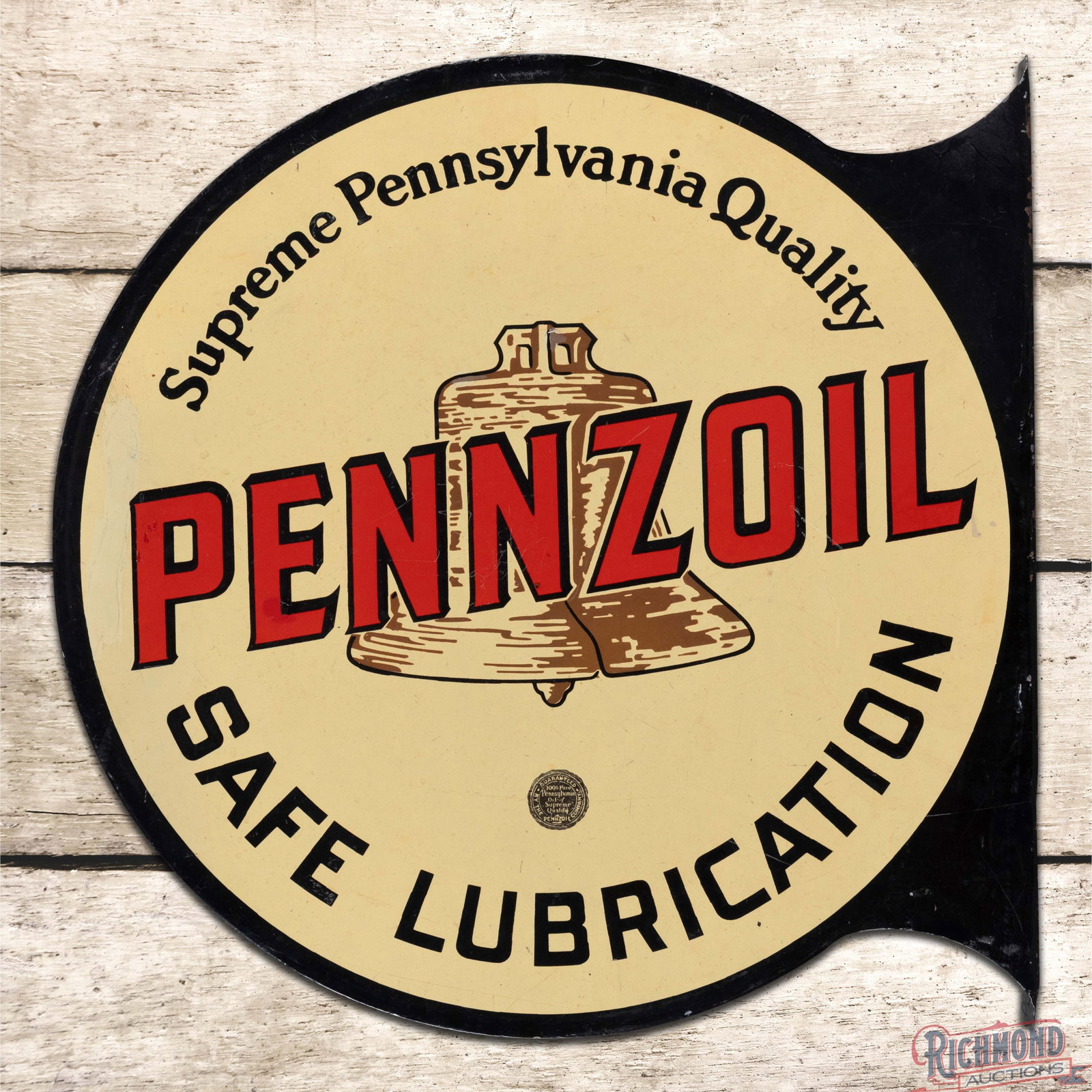 Early Pennzoil Safe Lubrication DSP Flange Sign w/ Brown Bell Logo: Scarce early DSP flange has good color. Side #1 has surface wear with fine scratches, color-matched chips in the fields and along the flange. The sign has an applied clear coat to enhance the finish a