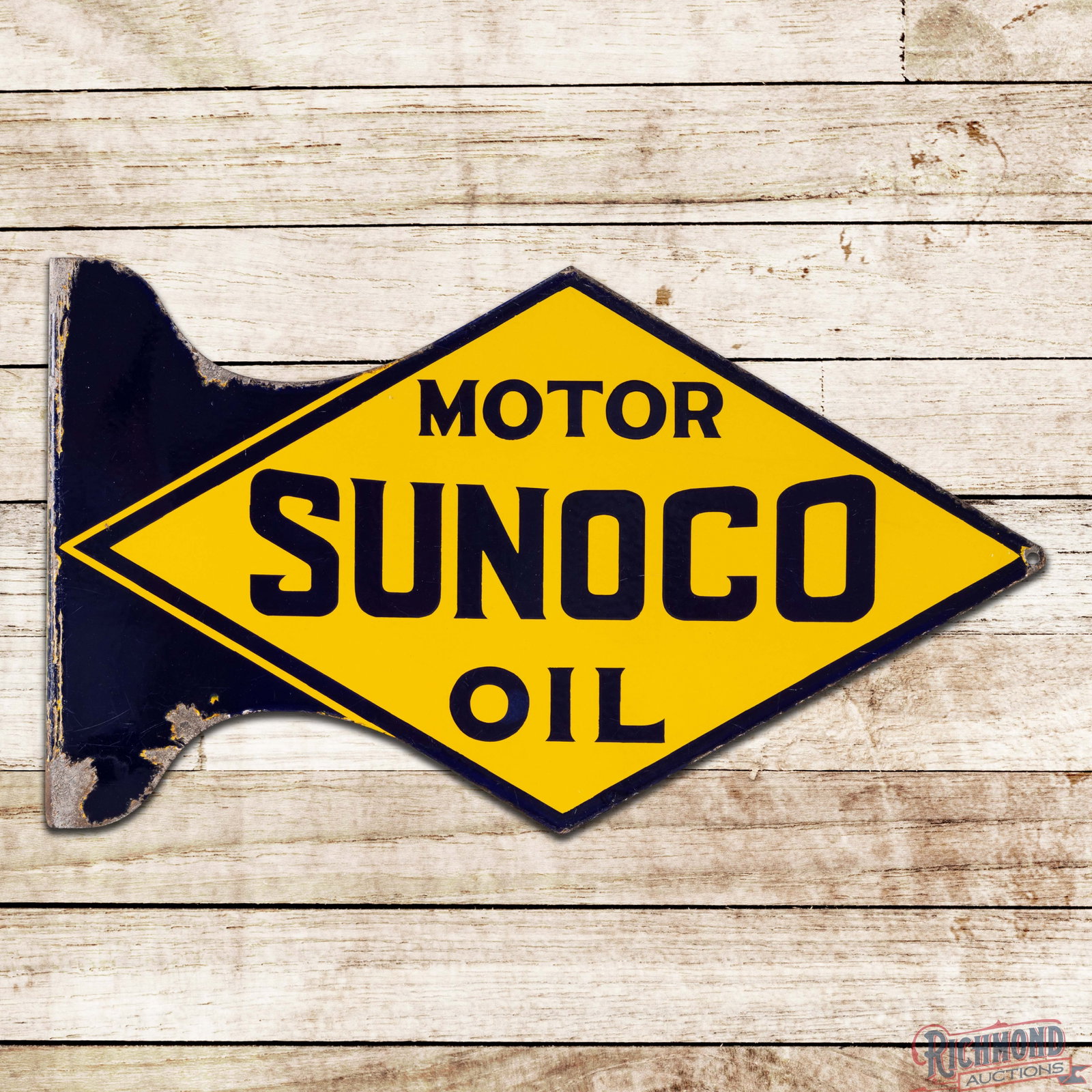 Sunoco Motor Oil Die Cut DSP Flange Sign: DSP die cut flange has excellent color and gloss. The display has light wear throughout with chips along the outer edges. The reverse is in a similar condition with small chips in the outer fields and