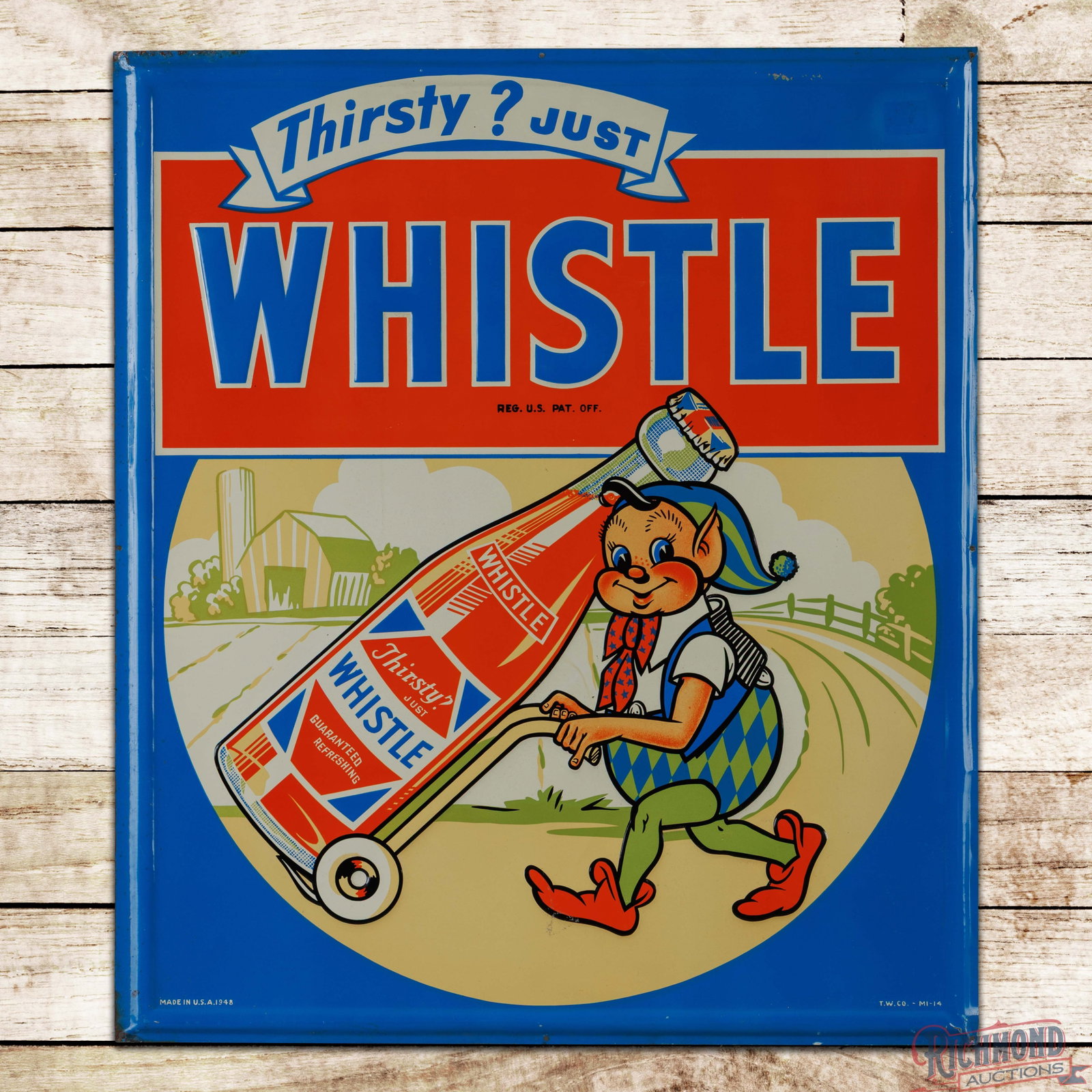 Thirsty? Just Whistle Emb. SST Sign w/ Elf & Bottle: SST heavily embossed self-framed sign has outstanding color and shine. The field is exceptionally clean with minor surface imperfections. The sign has two areas of surface residue with one area being 