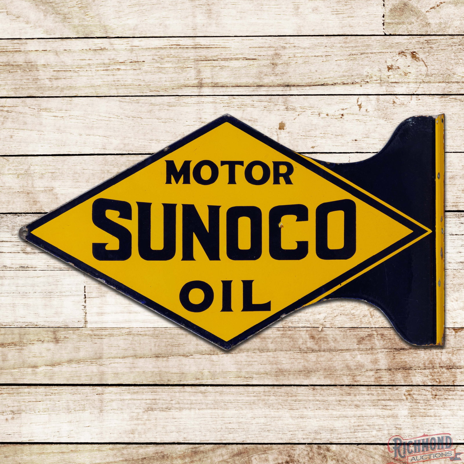 Sunoco Motor Oil DSP Die Cut Flange Sign: DSP die cut flange has excellent color. The display has high gloss with a small chip in the field. The perimeter and inner flange have small chips with light wear. The reverse has lower gloss with sur