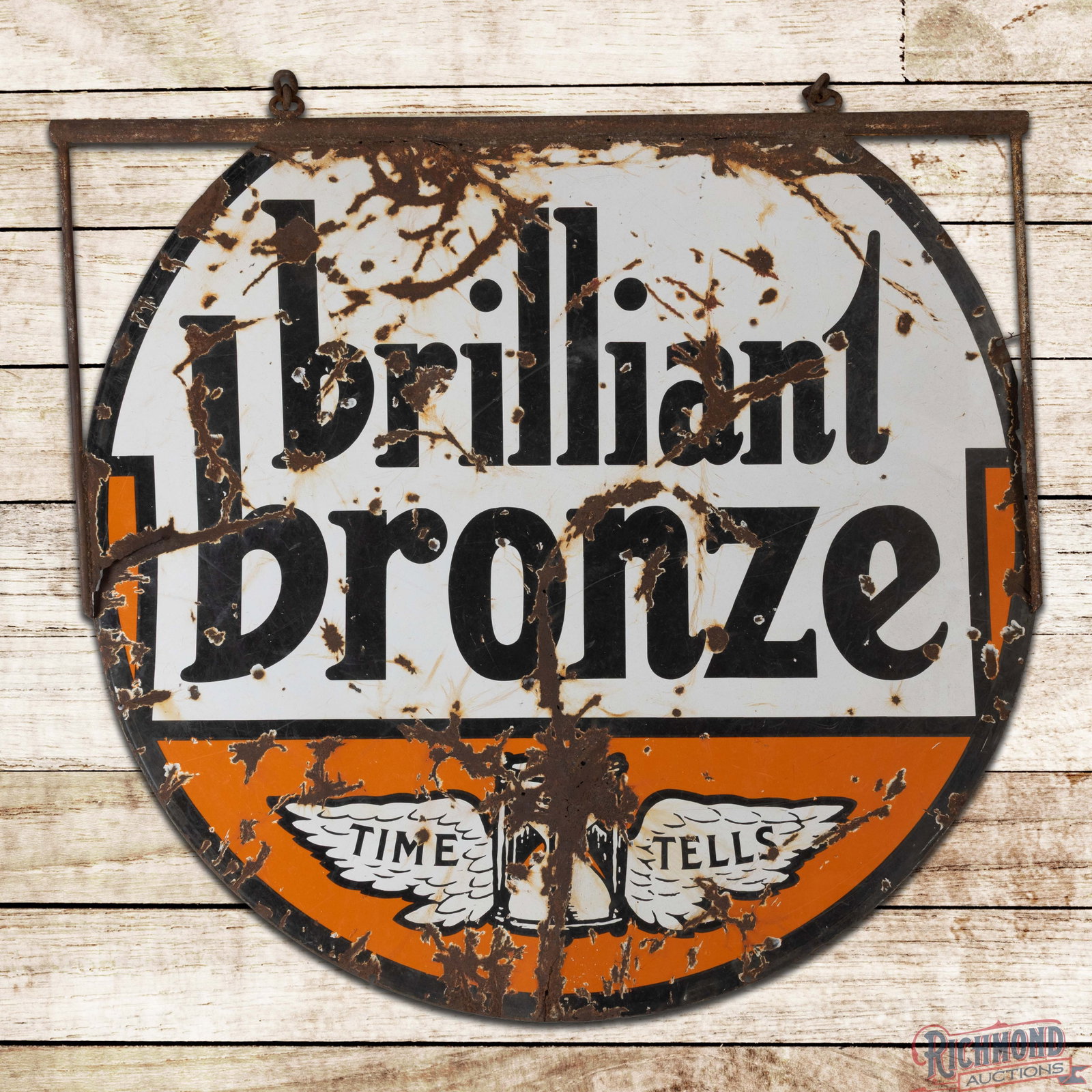 Rare Johnson Brilliant Bronze Gasoline DSP ID Sign: DSP sign with an added hanger and side supports has good color and moderate gloss. The sign has heavy wear throughout with chips, bends and non-factory holes. The upper edge of the sign has been trimm