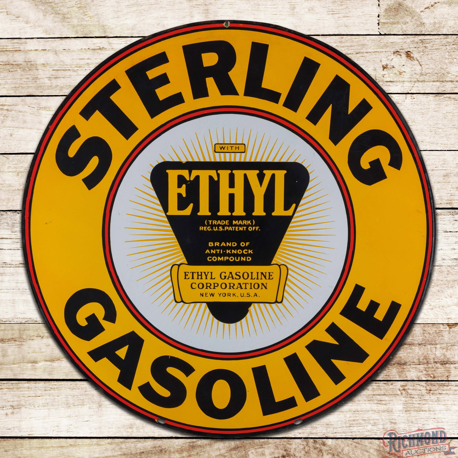 Sterling Ethyl Gasoline 30" DSP Sign w/ Burst Logo: DSP sign has excellent color and gloss. Side #1 is exceptionally clean overall with minor factory blemishes in the fields. The perimeter has a tiny added hole at the 12 o'clock edge with other tiny ed