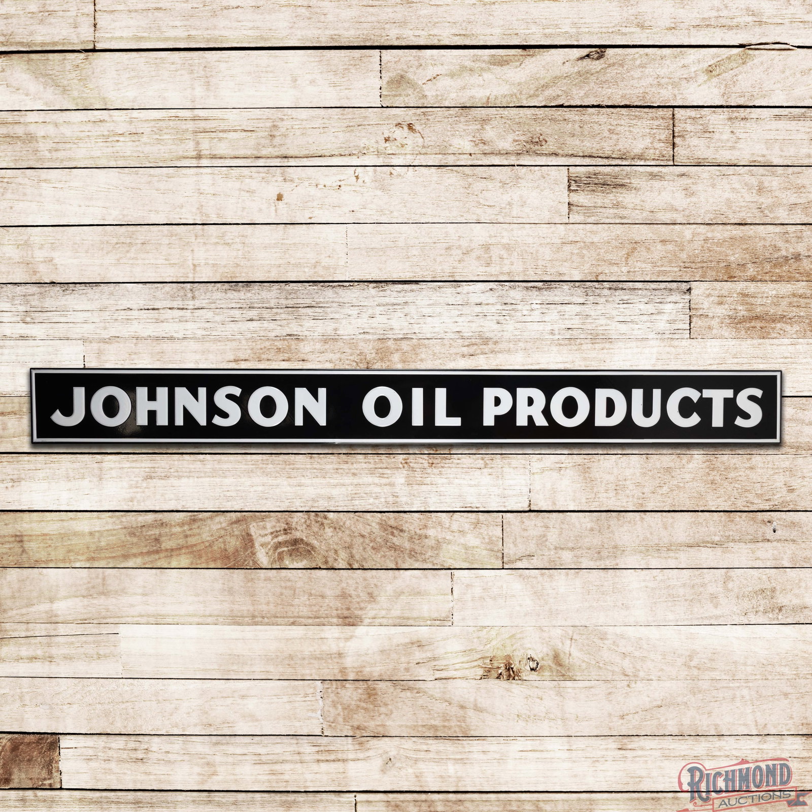 Johnson Oil Products 10' Emb. SSP Service Station Sign: SSP embossed self-framed sign has day one color and gloss. The fields are extremely clean with tiny flea bites in the lettering. The perimeter has tiny chips along the outer edges. Marked Burdick, Chi
