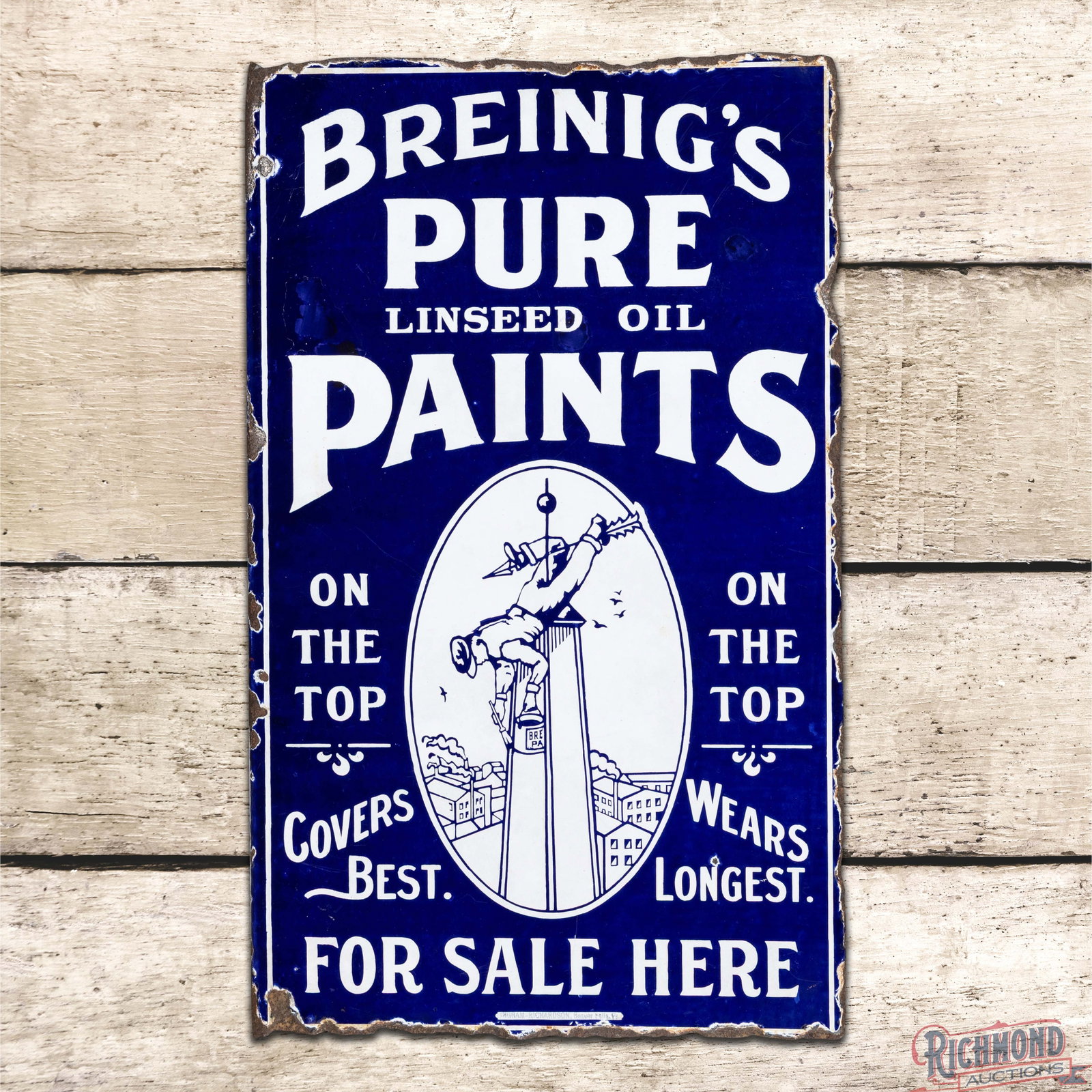 Amazing Breinig's Pure Linseed Oil Paints DSP Flange w/ Image: Early DSP flange has excellent color and gloss. The sign features a detailed image of a painter vicariously hanging from a weathervane, painting a spire. Side #1 has a clean field with minor surface i