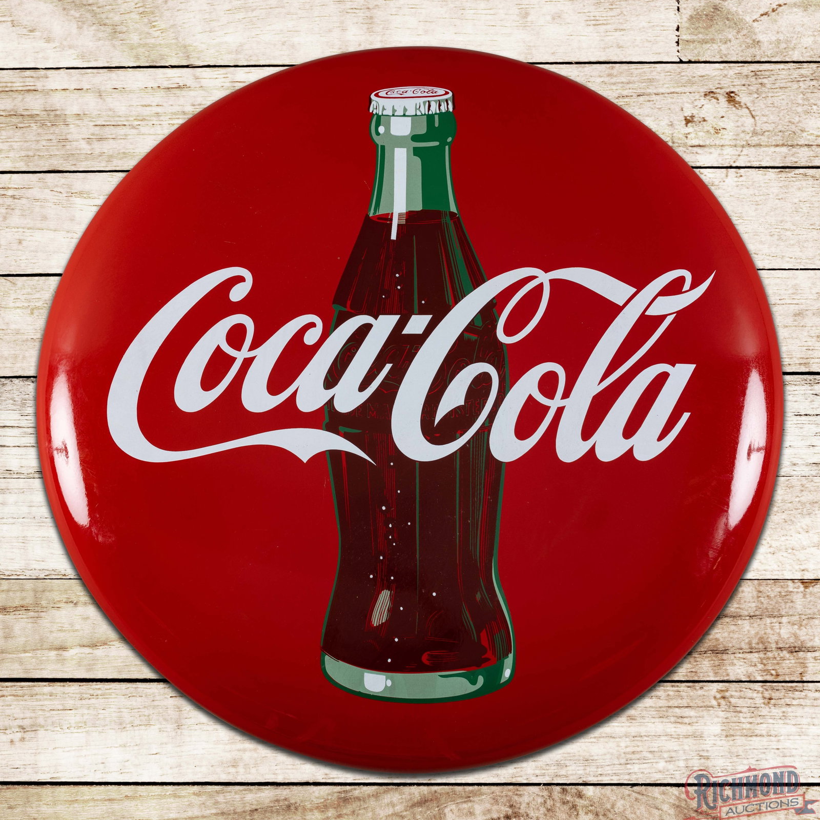 Coca Cola 36" SSP Button Sign w/ Bottle & Brackets: SSP Coke button with both factory mounting brackets has excellent color and gloss. The display is clean with minor surface imperfections. The perimeter has small chips at the mounting holes. The rever