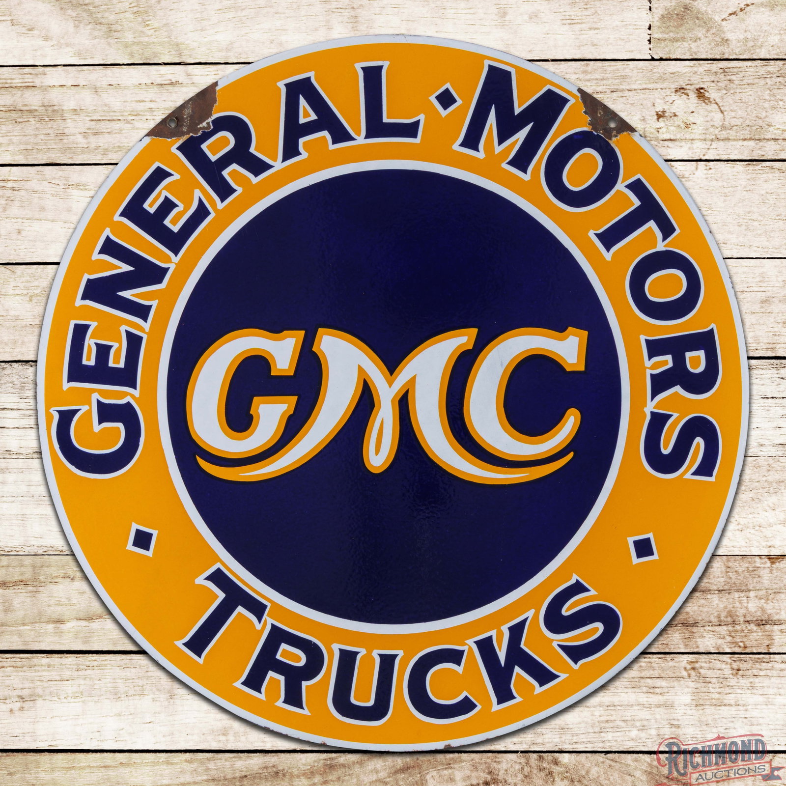 GMC General Motors Trucks 30" DSP Sign: DSP sign has outstanding color and gloss. Side #1 has minor surface imperfections in the fields with chips at the upper mounting holes. The reverse is in a similar condition to the display. Overall a 