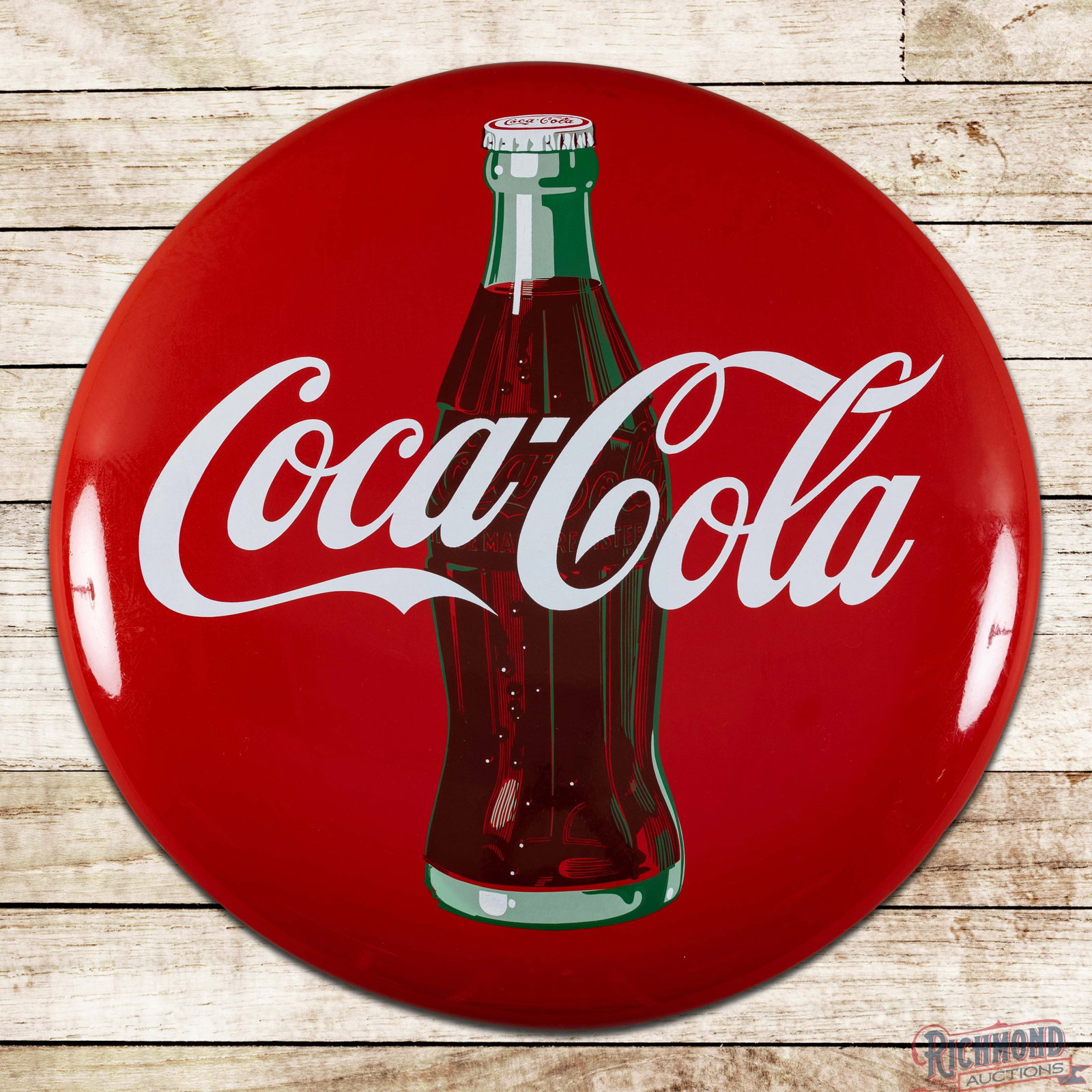 Coca Cola 36" SSP Button Sign w/ Bottle & Brackets: SSP Coke button with both factory mounting brackets has excellent color and gloss. The display is clean with minor surface imperfections and faint cloudiness in the outer fields. The perimeter has sma