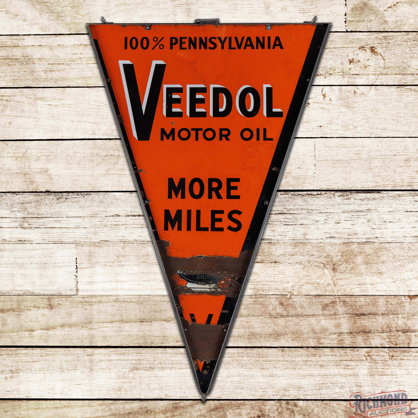 Rare Veedol Motor Oil More Miles 6' DSP Die Cut Sign w/ Frame: DSP die cut sign with a new metal ring has good color and gloss. Side #1 has a few small chips in the upper field with larger chips and bends in the lower field. The perimeter has edge chips with mult
