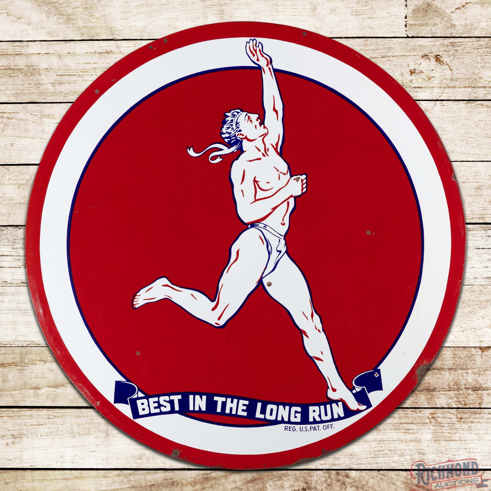 Marathon Gasoline "Best in the Long Run" 6' DSP ID Sign w/ Running Man: DSP sign has excellent color and gloss. The sign features a large graphic of the Marathon "Running Man" on both sides. Side #1 has small chips in the fields and a faint bend with crazing in the left o