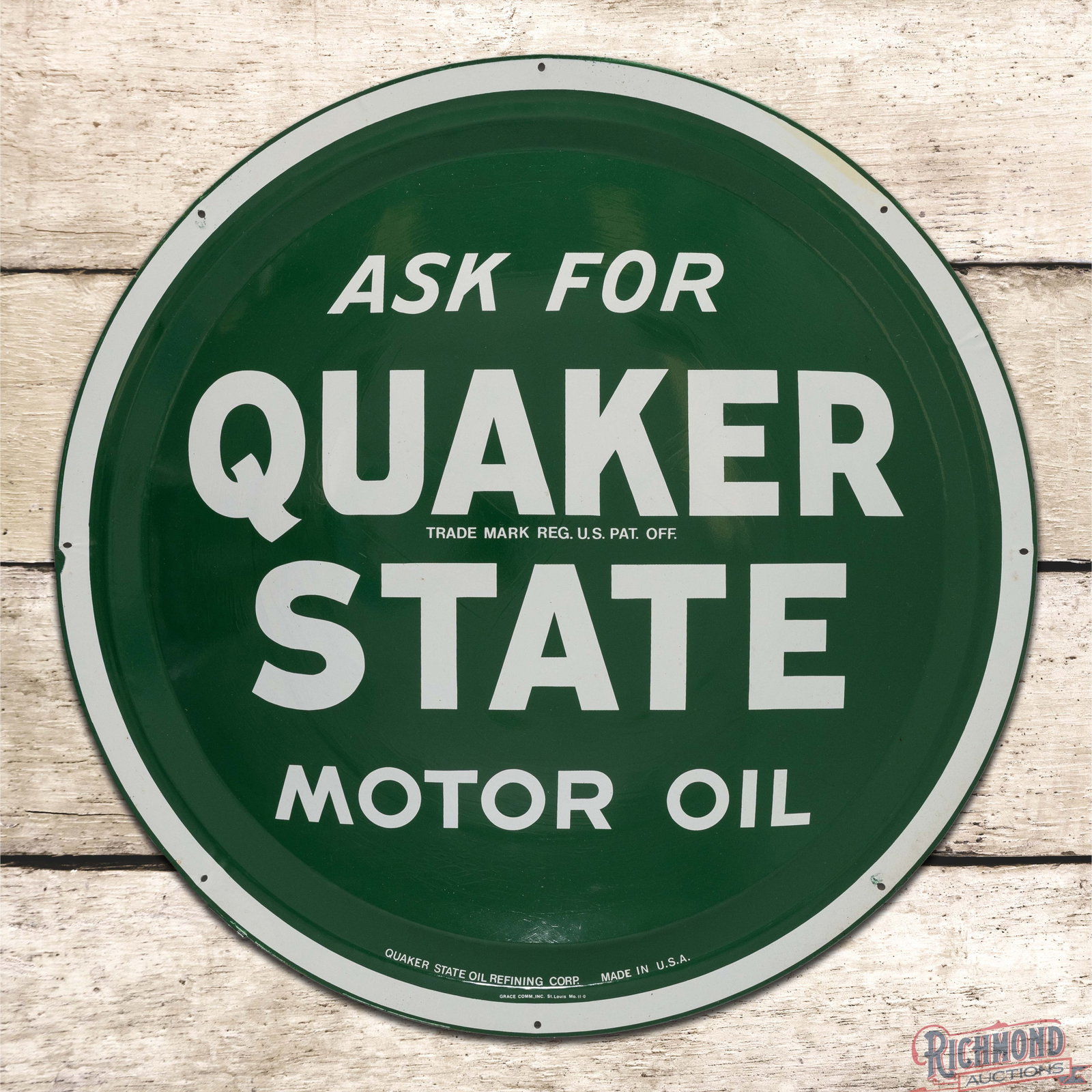 NOS Ask for Quaker State Motor Oil 24" SST Bubble Sign w/ Paper: NOS SST bubble sign with the factory paper has day one color and shine. The sign is exceptionally clean with minor factory paint blemishes throughout. Marked Crace Comm., Inc., St. Louis, MO 11-0. All