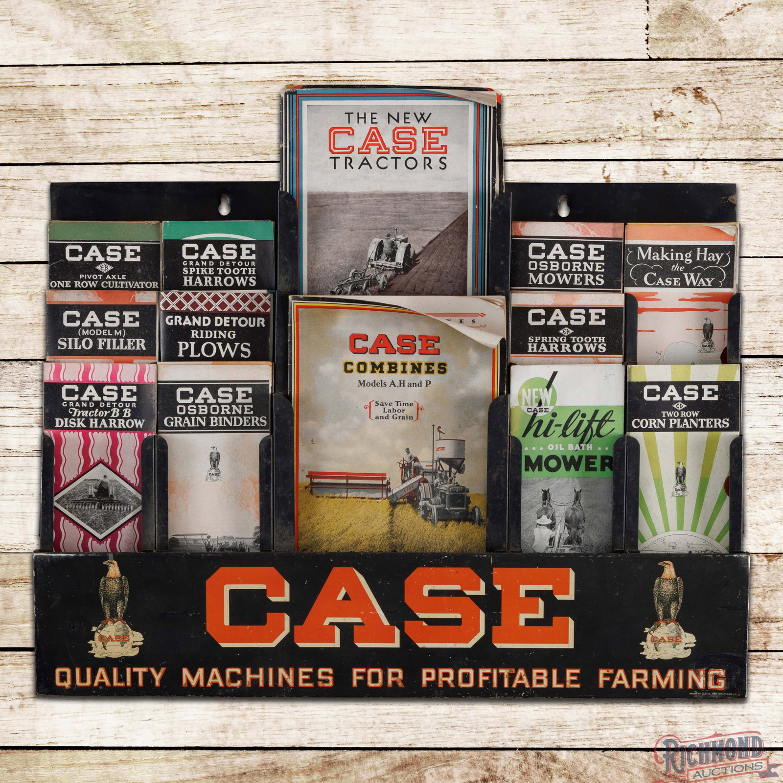 Case Tractors Quality Machines for Profitable Farming SST Dealer Brochure Display w/ Abe: Single-sided tin dealer brochure display has very good color and shine. The display has light wear with paint chips and fine scratches. The fields have small areas of color match with larger areas on 