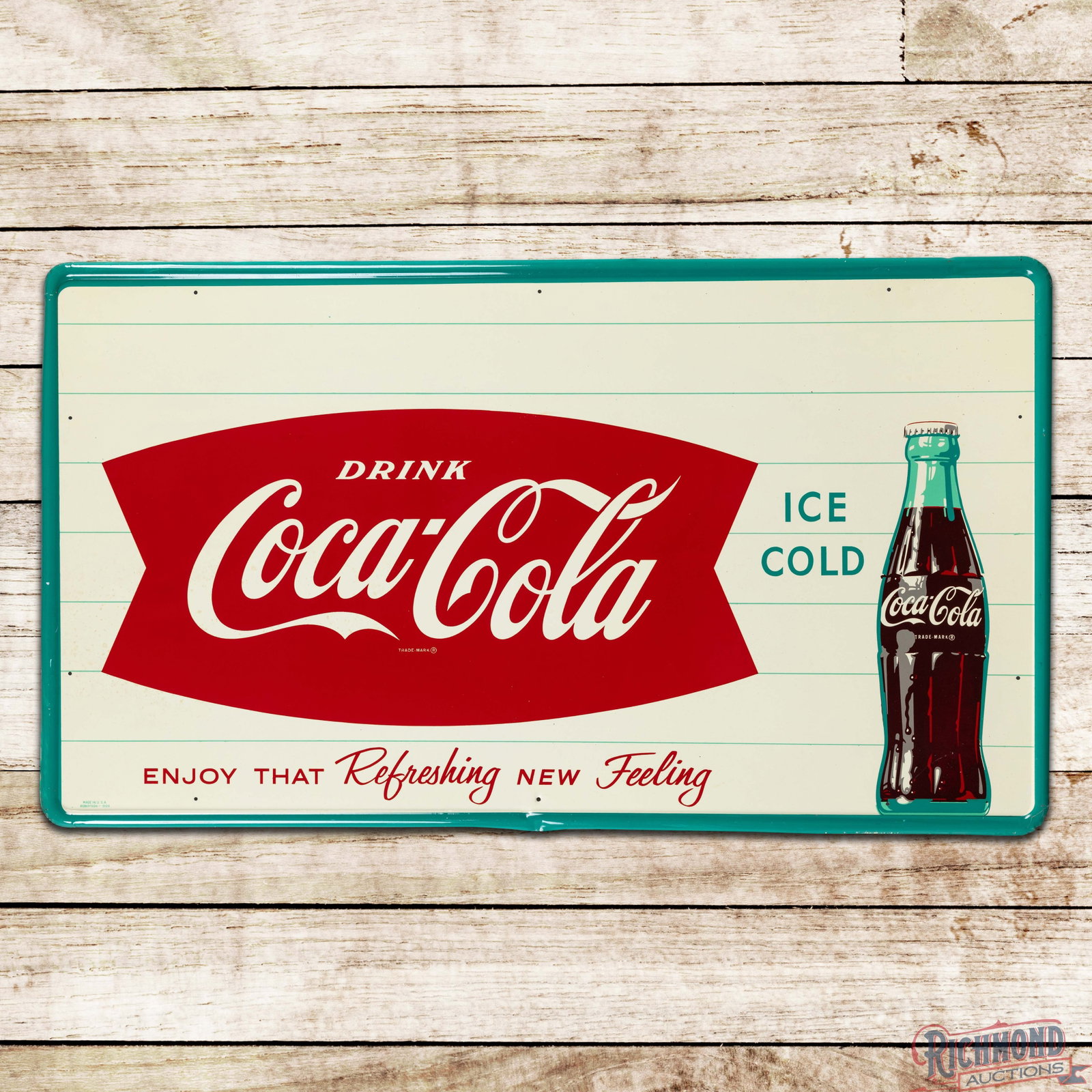 Drink Coca Cola "Enjoy that Refreshing New Feeling" 4.5' SST Sign w/ Fishtail & Bottle: SST self-framed sign has excellent color and shine. The display is very clean overall with light wear and areas of minor discoloration in the left fields. The perimeter has fine scratches, paint chips