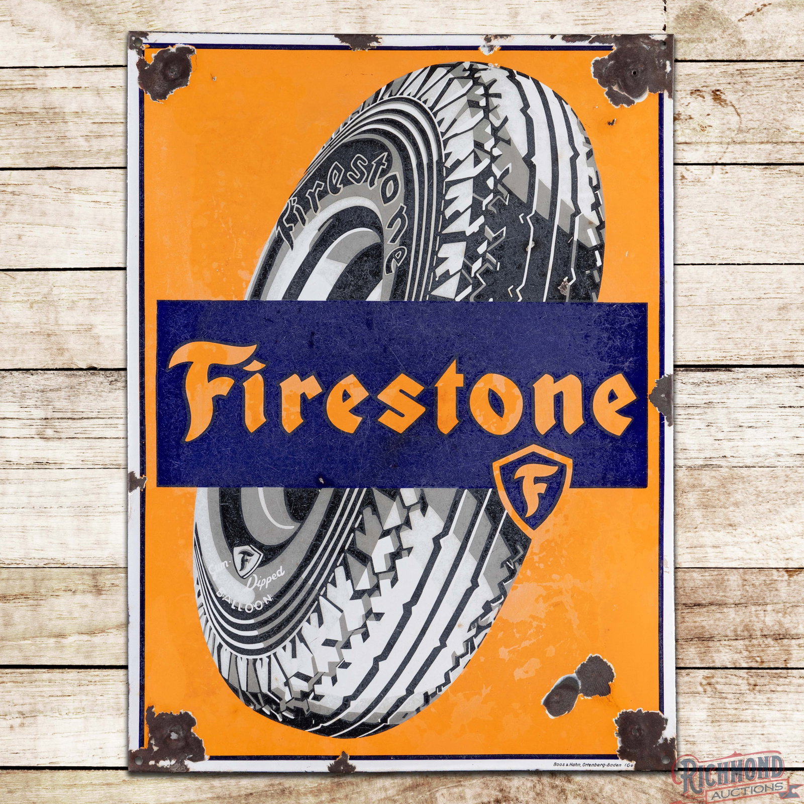 Firestone Tires 38" SSP Sign w/ Logo: SSP sign has good color and moderate gloss. The field has surface wear with cloudiness and small chips. The perimeter has non-factory holes with larger chips, crazing and minor edge bends. Marked Boos