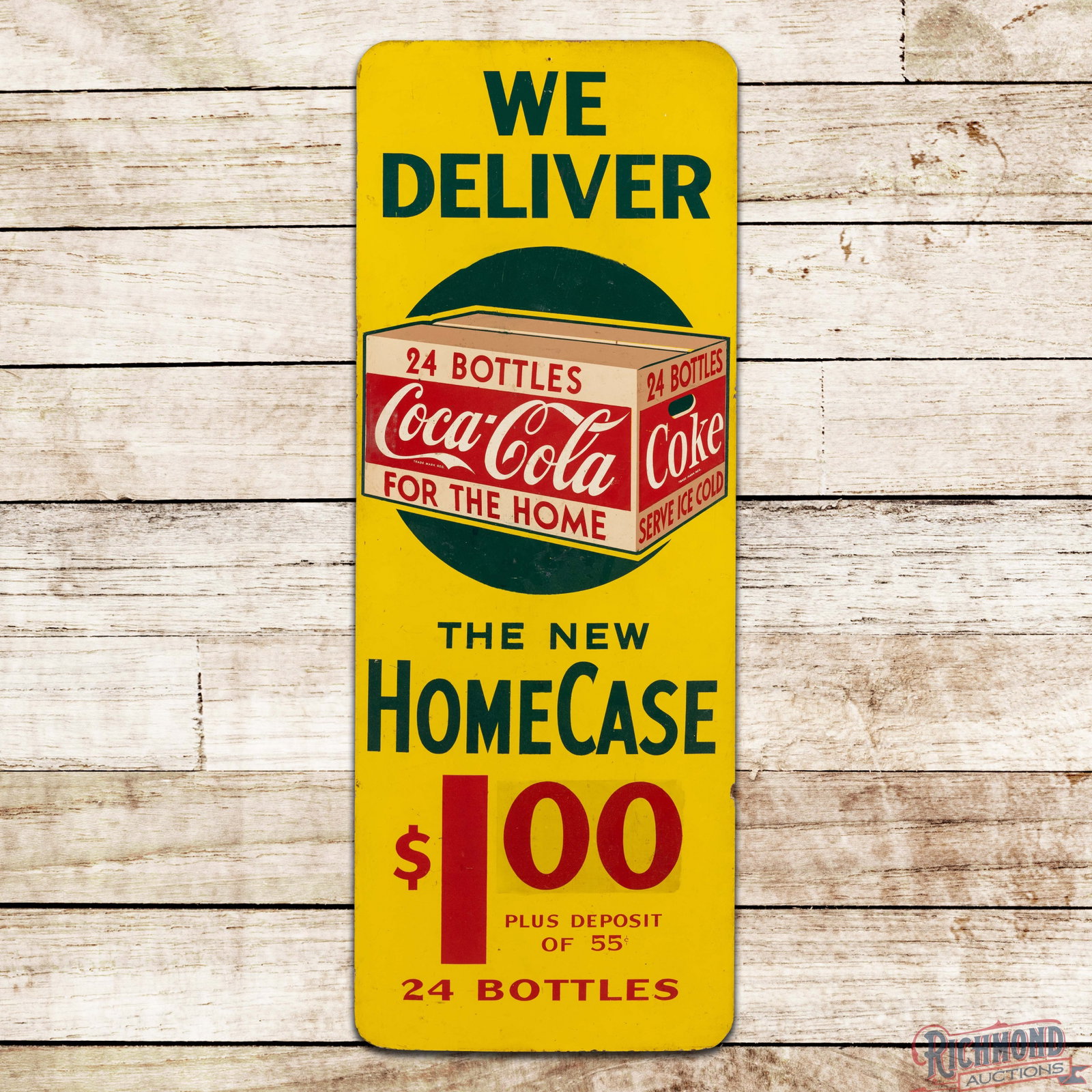We Deliver The New Home Case Coca Cola 4' SS Masonite Sign: Single sided masonite sign has very good color and shine. The display has light wear with small areas of discoloration. The lower pricing area has been changed from 1.44 to 1.00 and ghost traces of th