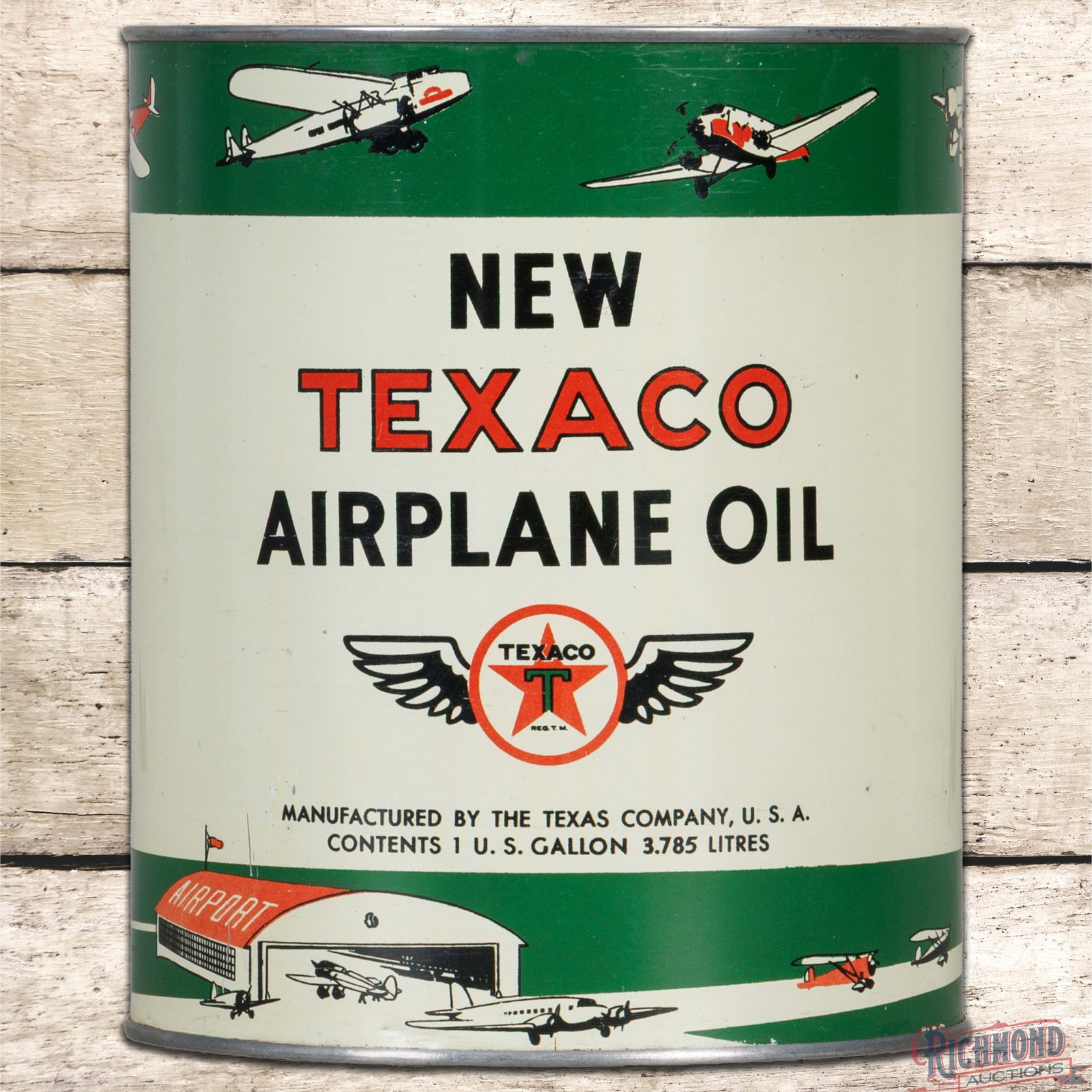 Amazing Texaco New Airplane Oil 1 Gallon Metal Oil Can FULL w/ Planes: Outstanding NOS full metal one-gallon can has day one color and shine. The can features the Texaco Aviation logo with an airport scene and numerous planes. The display field is exceptionally clean wit