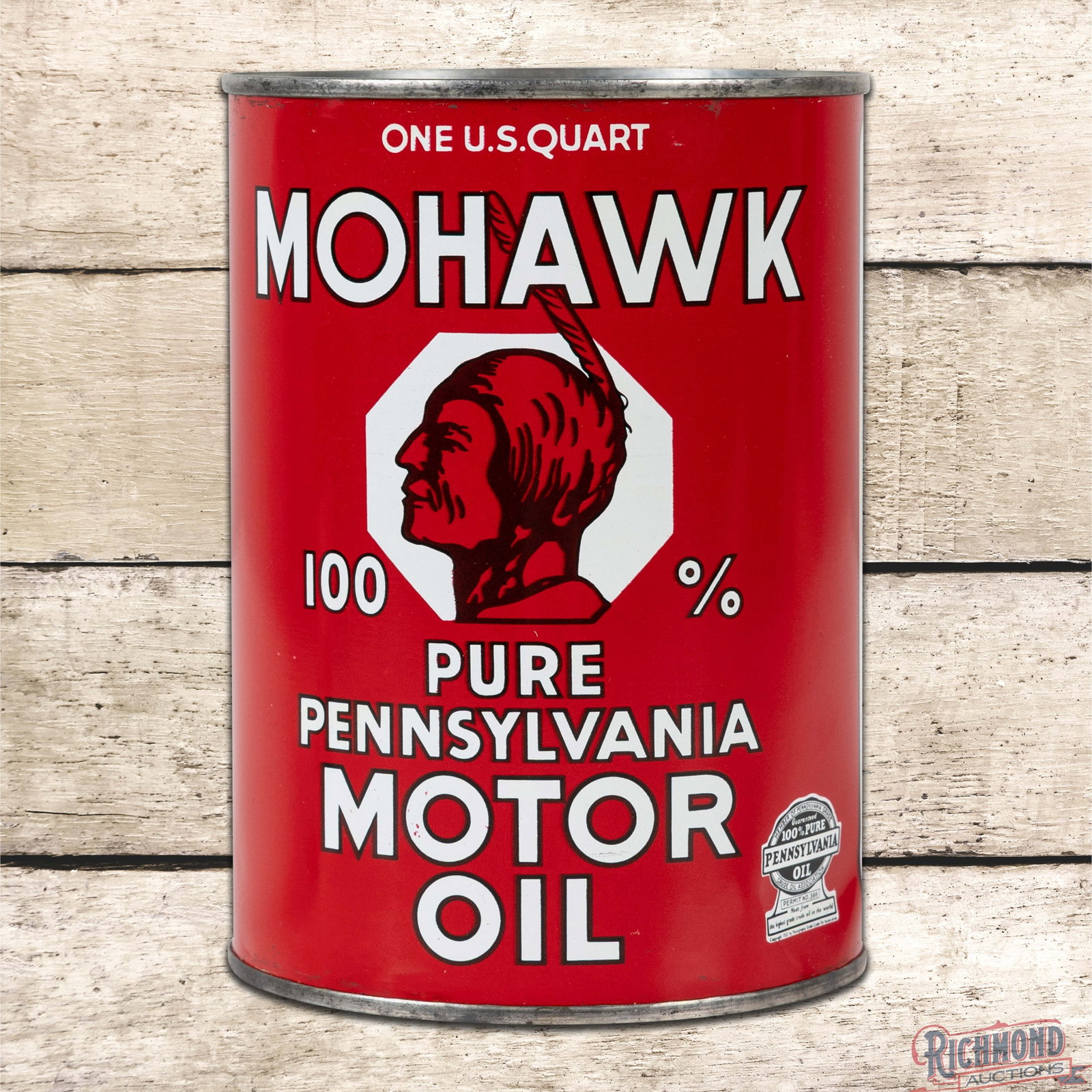 Amazing NOS Mohawk 100% Pure Pennsylvania Motor Oil 1 Quart Metal Can FULL: Outstanding full metal one-quart can has day one color and shine. The can features a large Native American graphic in the center field with a Pennsylvania Seal logo along the lower right edge. The dis