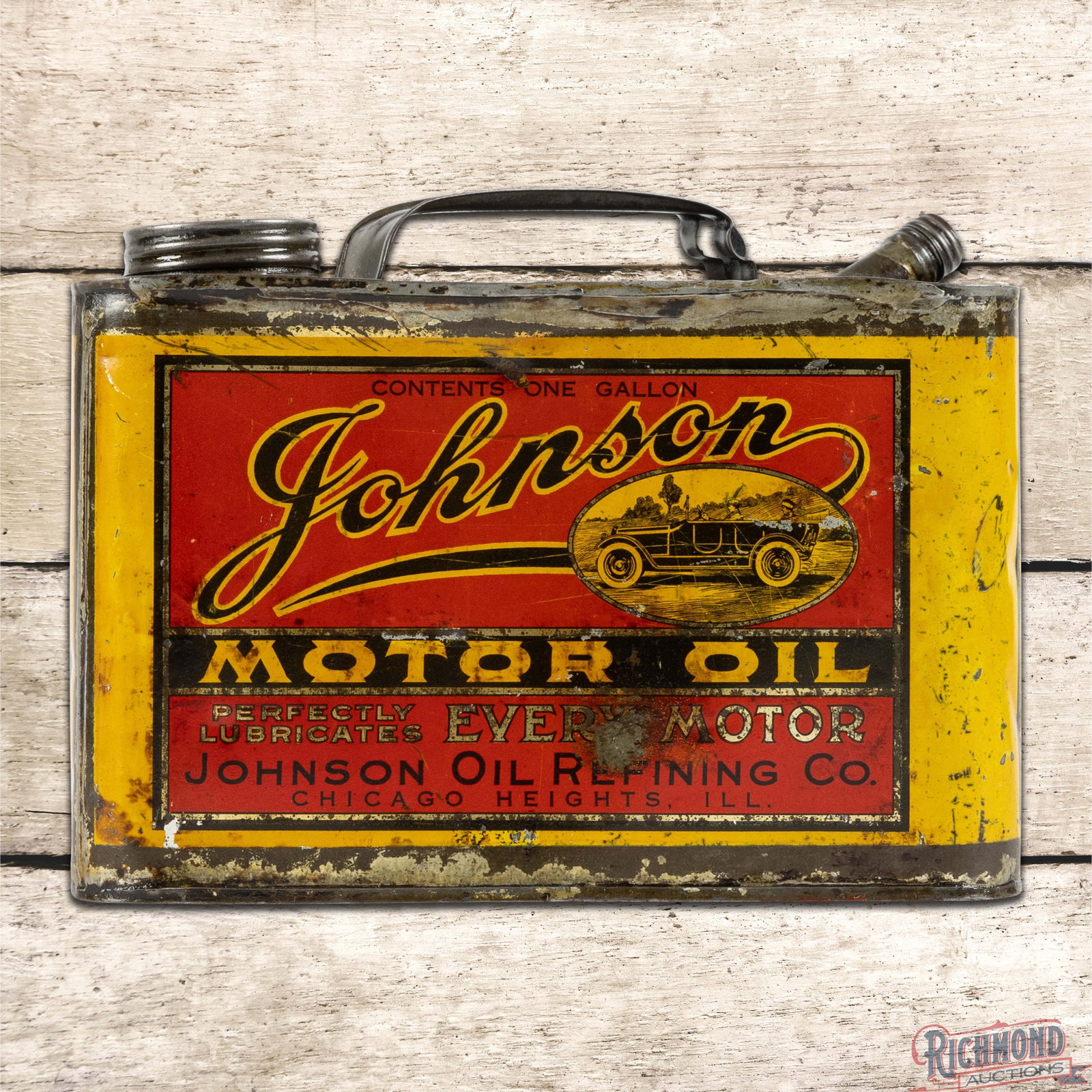 Johnson Motor Oil Empty One Gallon Metal Can w/ Early Automobile (1 of 6)