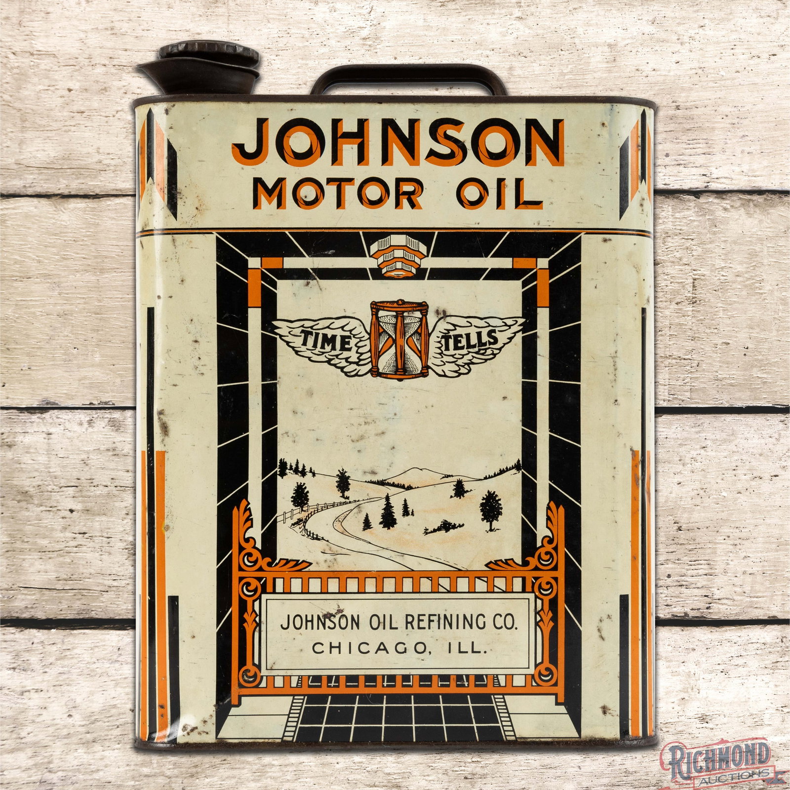 Johnson Motor Oil Empty Metal 2 Gallon Can: Empty metal two-gallon can with the original handle and cap has good color and shine. Side #1 has surface rubs, paint chips and minor oxidation. The perimeter has small indentations. The reverse featu