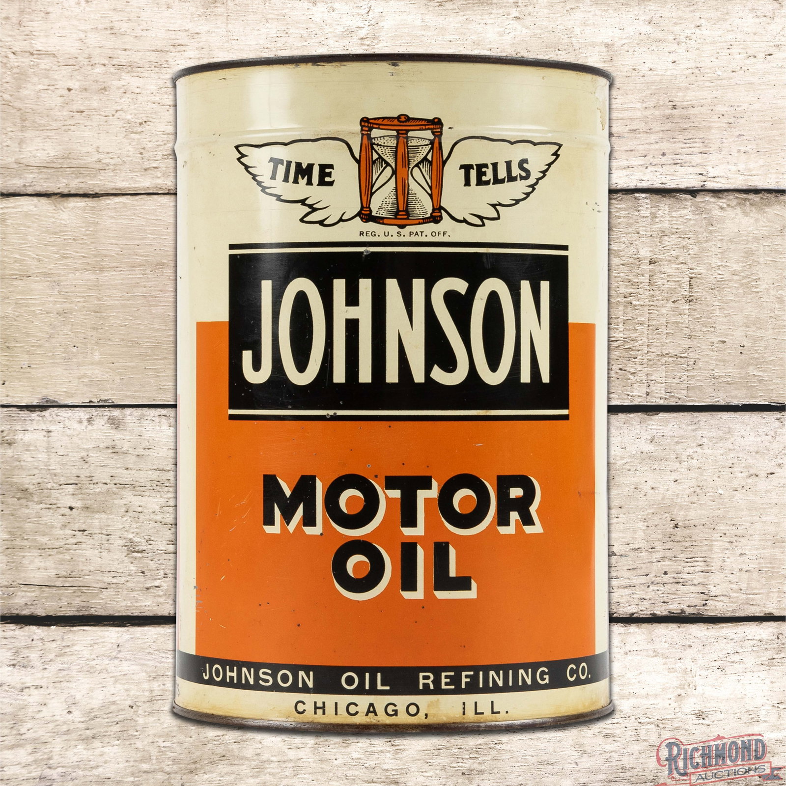 Johnson Motor Oil "Time Tells" 5 Quart Metal Can FULL: Full metal five quart can has excellent color and shine. The display has light surface wear with minor indentations in the outer fields and edges. The reverse is in a similar condition with a small sc