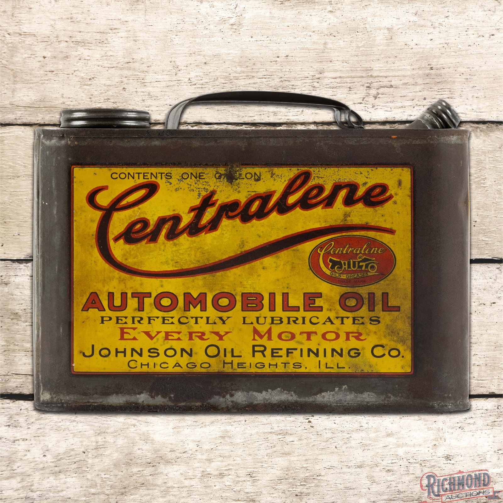 Johnson Oil Refining Co. Centralene Automobile Oil Empty 1 Gallon Metal Can w/ Early Car: Empty metal one gallon can with the original handle and caps has good color and shine. The display has surface wear with discoloration and paint chips in the outer fields. The reverse has additional p