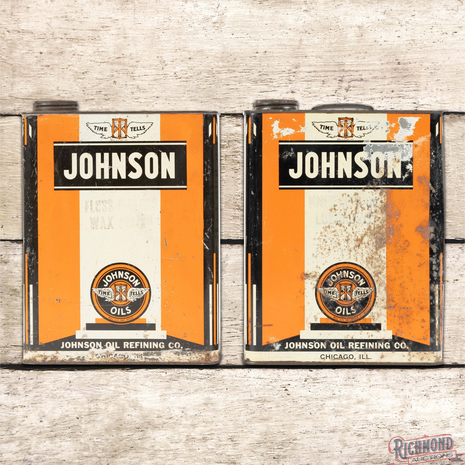 Pair of Johnson Oil Refining Co. Empty 1 Gallon Metal Motor Oil Cans w/ Logo: Two empty metal one-gallon oil cans retain their original caps and handles. Can #1 has good color and shine. The fields have light wear with fine scratches and small paint chips. The lower edges have 