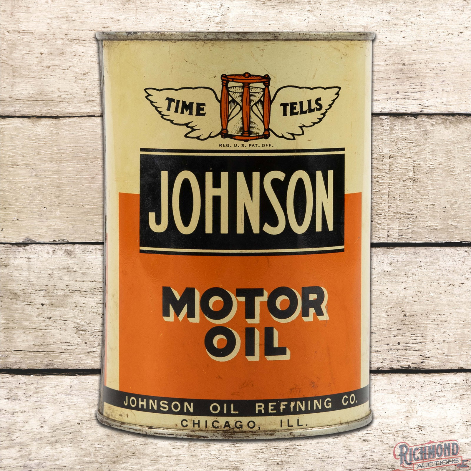 Johnson Motor Oil "Time Tells" Metal 1 Quart Can FULL: Full metal one quart can has excellent color and shine. The display has light wear with slight discoloration in the outer fields and perimeter. The reverse has a small paint chip in the field with ind