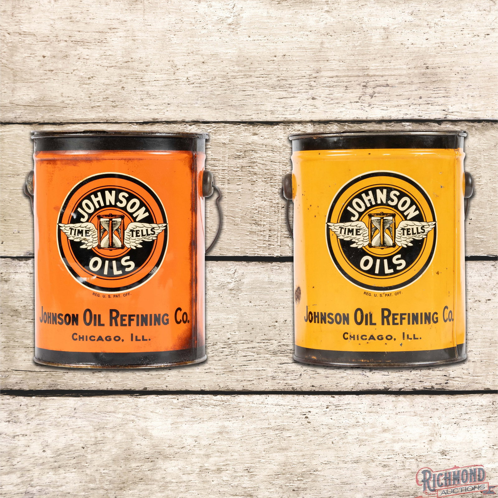 Pair of Johnson Oils 5 Pound Metal Grease Cans: Two five pound Johnson cans both retain the original lids and handles. Can #1 has vibrant color with some product inside. The display with the logo has light wear with wrinkles in the logo. The outer 