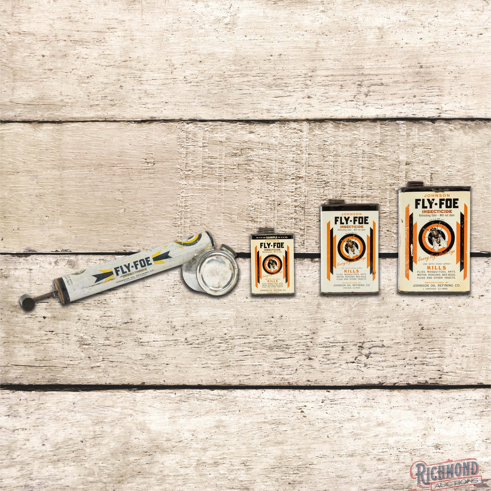 Group of 4 Johnson Fly Foe Insecticide Metal Cans w/ "Time Tells" Logo (1 of 5)