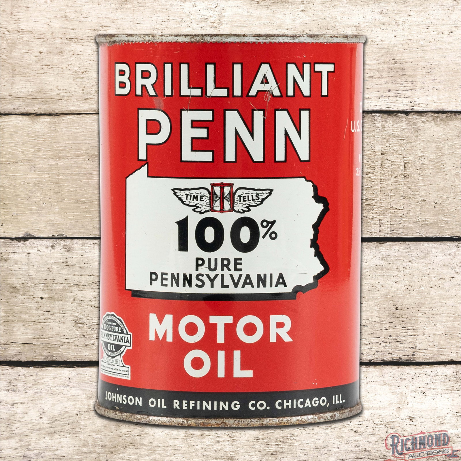 Johnson Brilliant Penn Motor Oil Metal 1 Quart Can: Empty metal one quart can has excellent color and shine. The display has light wear with small indentations in the logo. The upper field has small scratches in the "Brilliant" lettering. The reverse h