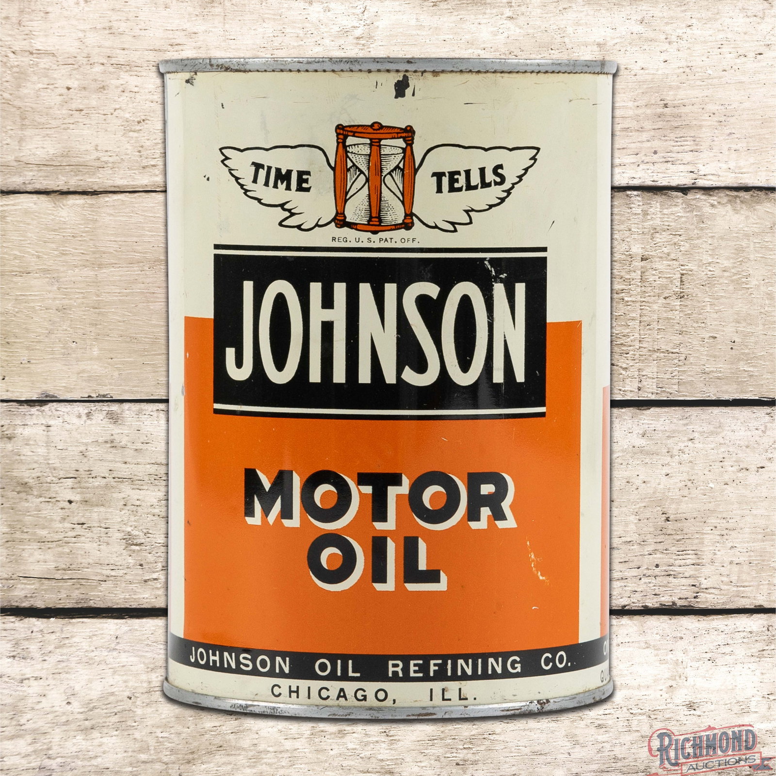 Johnson Motor Oil "Time Tells" Metal 1 Quart Can: Empty metal one quart can has excellent color and shine. The display has tiny scratches in the fields with additional wear along the upper edges. The reverse is in a similar condition to the display a