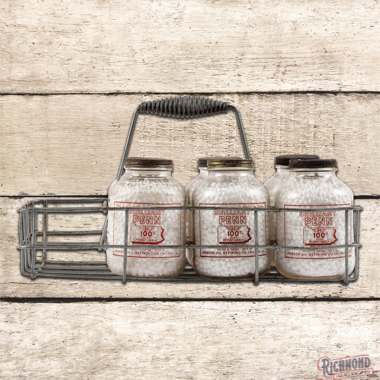 Johnson Brilliant Penn Motor Oil Group of Six Wartime Glass Bottles w/ Metal Carrier (1 of 4)