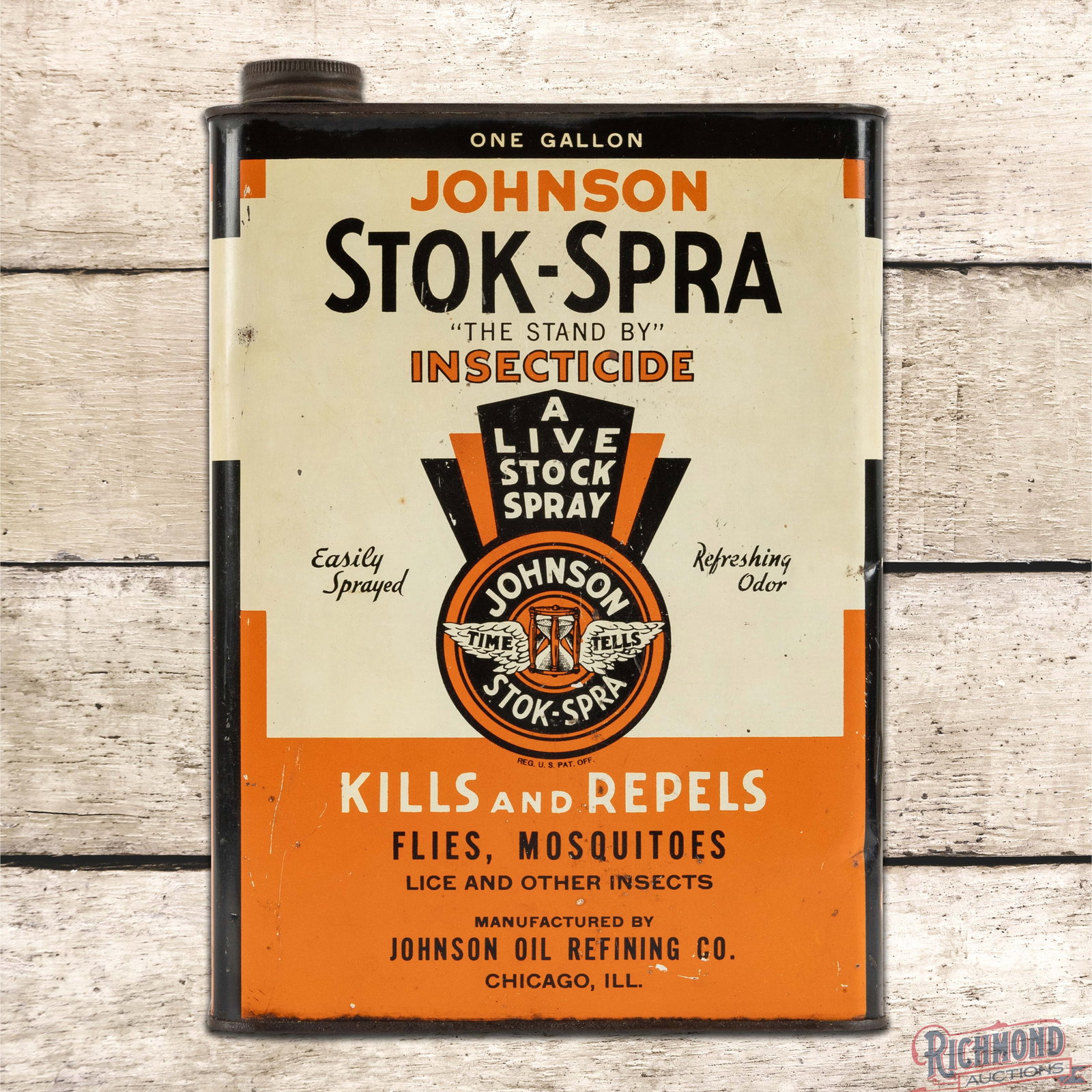 Johnson Stok-Spra Insecticide Empty 1 Gallon Metal Can: Empty gallon can with the original handle and cap has excellent color and shine. Side #1 has light wear with small, fine scratches and indentations along the edges. The reverse has additional wear in 