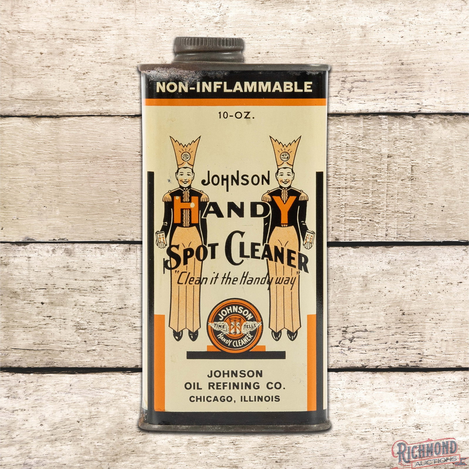 Johnson Handy Spot Cleaner 10 Ounce Empty Metal Can w/ Logo: Empty metal 10 ounce can has excellent color and shine. The display field is clean. The outer fields and edges have light wear with tiny paint chips. Overall a wonderful example with outstanding graph
