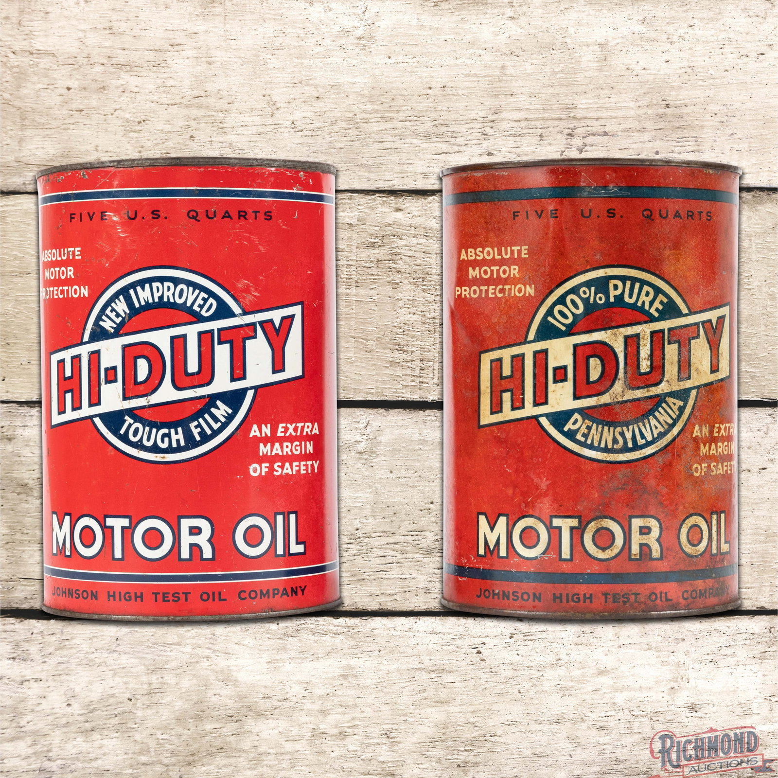 Pair of Johnson Hi-Duty Empty 5 Quart Metal Motor Oil Cans: Two empty metal five quart oil cans. Can #1 has very good color and shine. The display has scuffs with fine scratches in the fields. The perimeter has minor indentations with small paint chips. The re