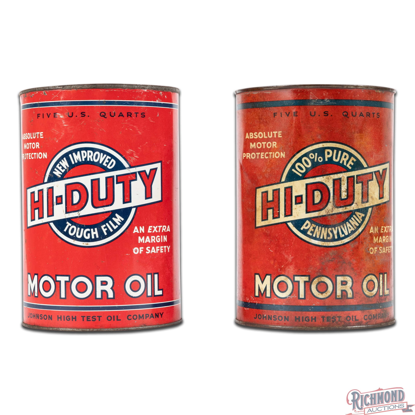 Pair of Johnson Hi-Duty Empty 5 Quart Metal Motor Oil Cans - 2